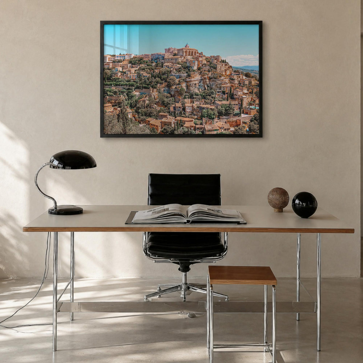 Aix-en-Provence colorful photo poster of France – horizontal wall art in black wood frame, hanging on wall