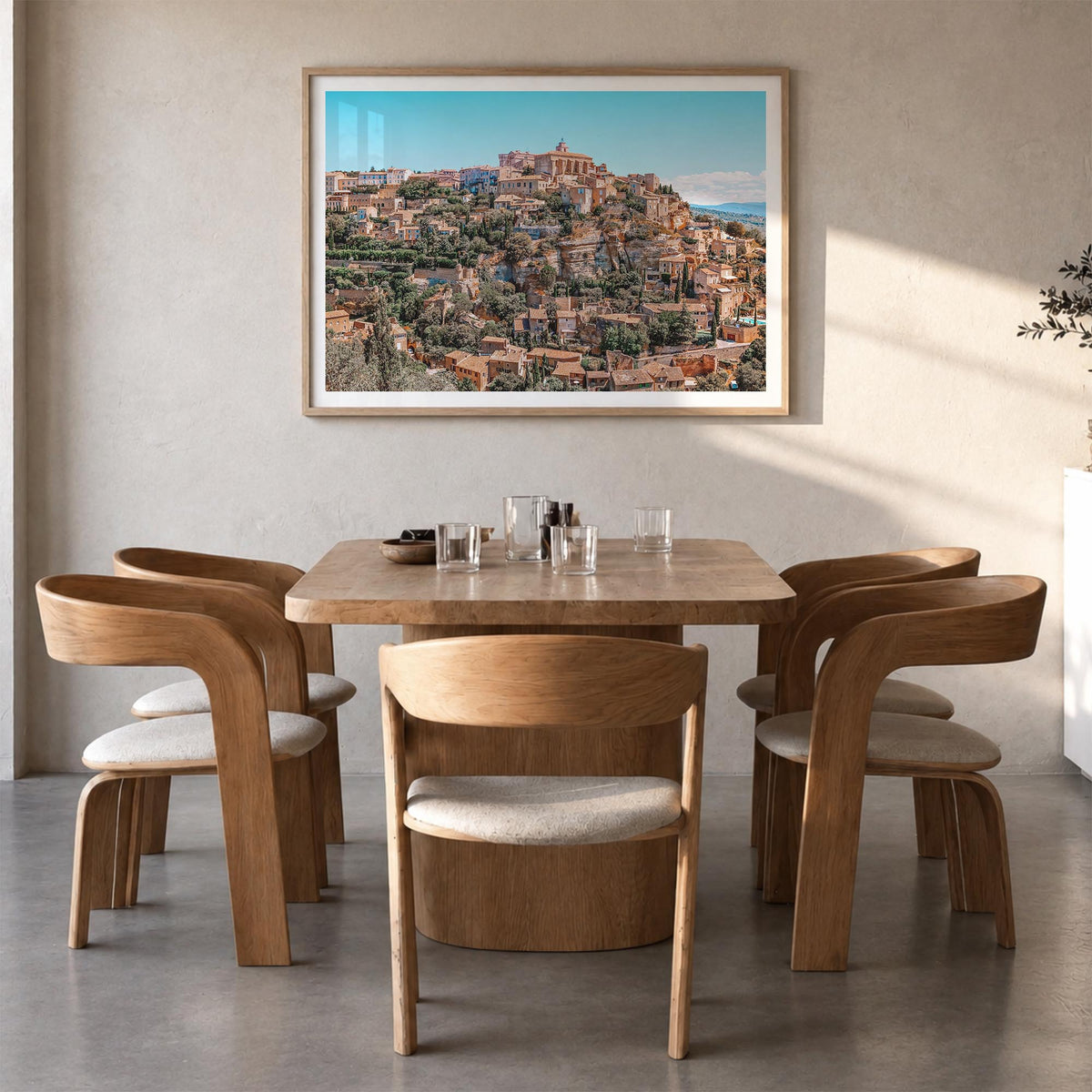 Aix-en-Provence colorful photo poster of France – horizontal wall art in natural wood frame with white border, hanging on wal