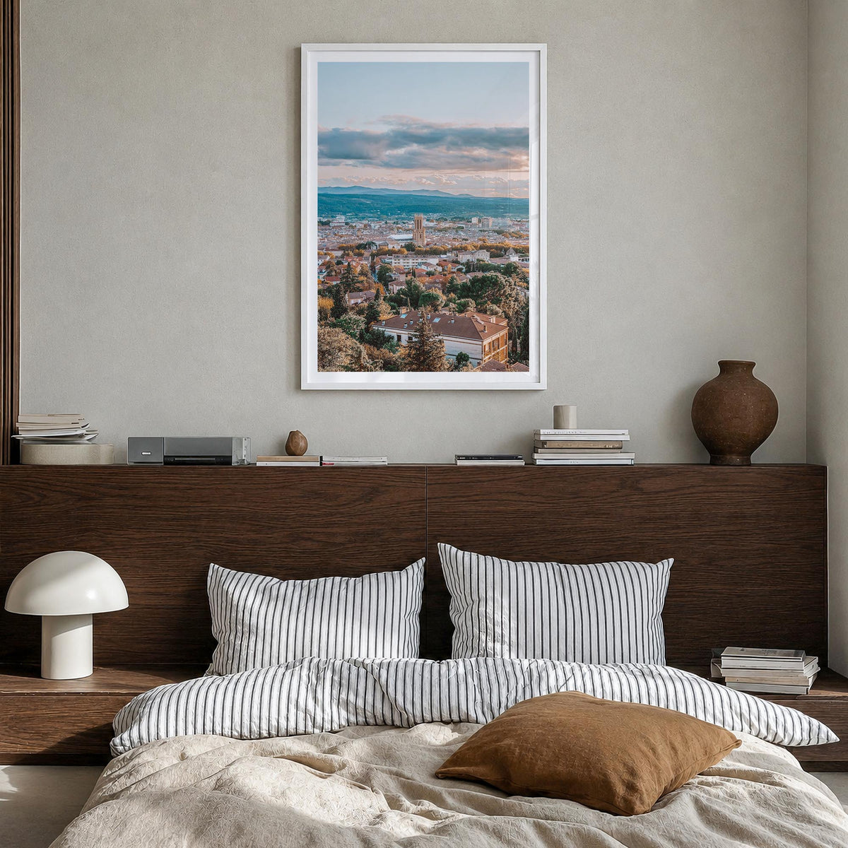 Aix-en-Provence colorful photo poster of France – vertical wall art in white wood frame with white border, hanging on wall