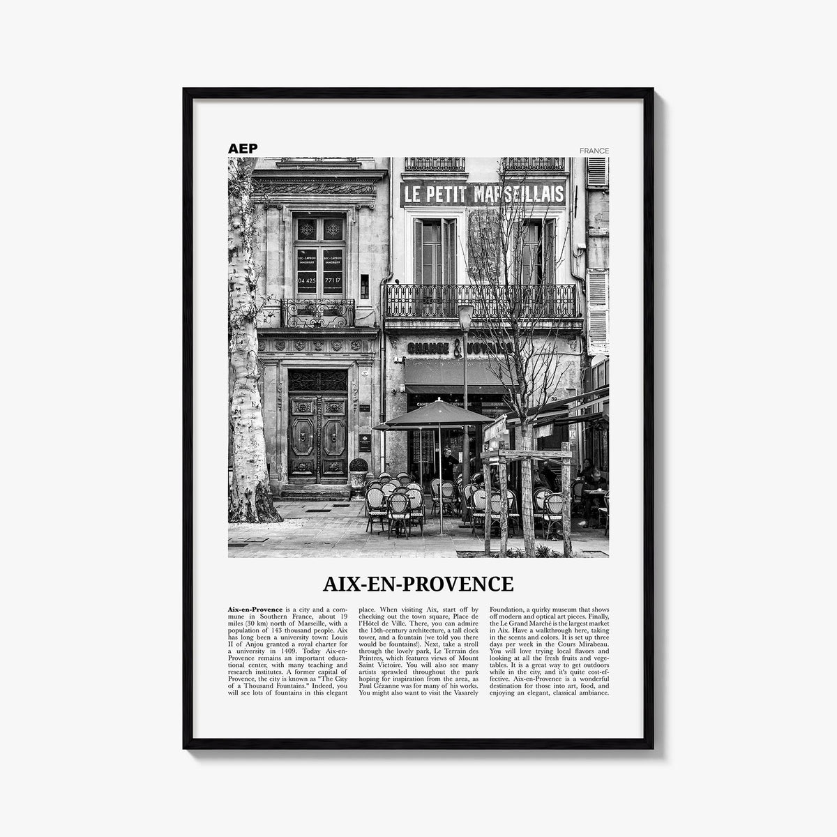 Aix-en-Provence no. 1 black & white newspaper poster of France – vertical wall art, unframed print shown in interior mockup