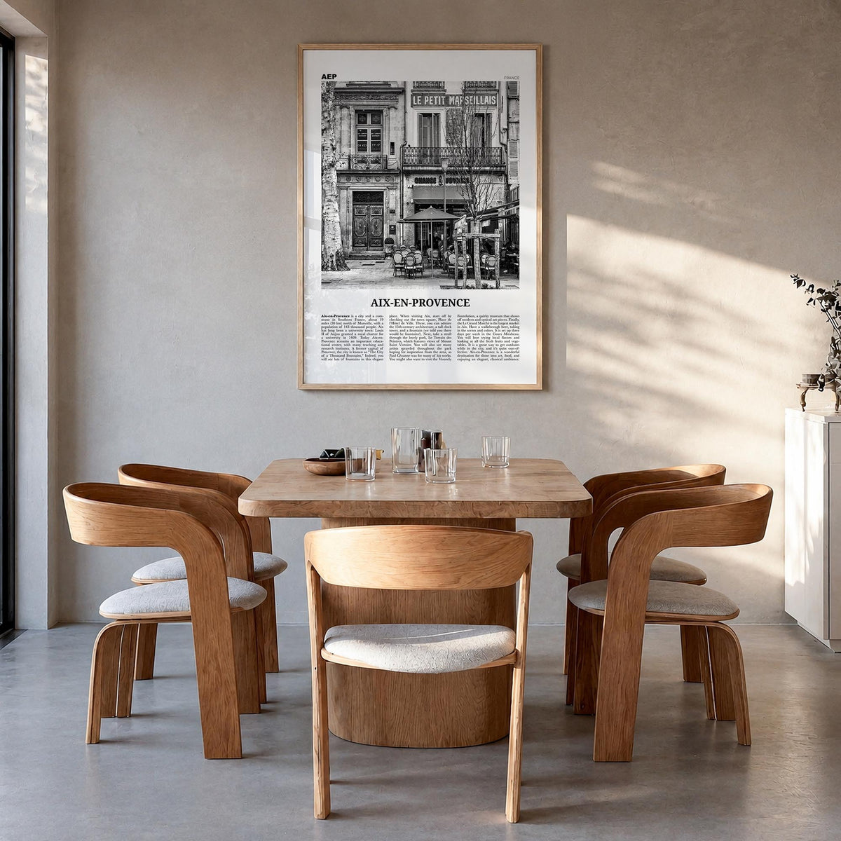Aix-en-Provence no. 1 black & white newspaper poster of France – vertical wall art in natural wood frame, hanging on wall