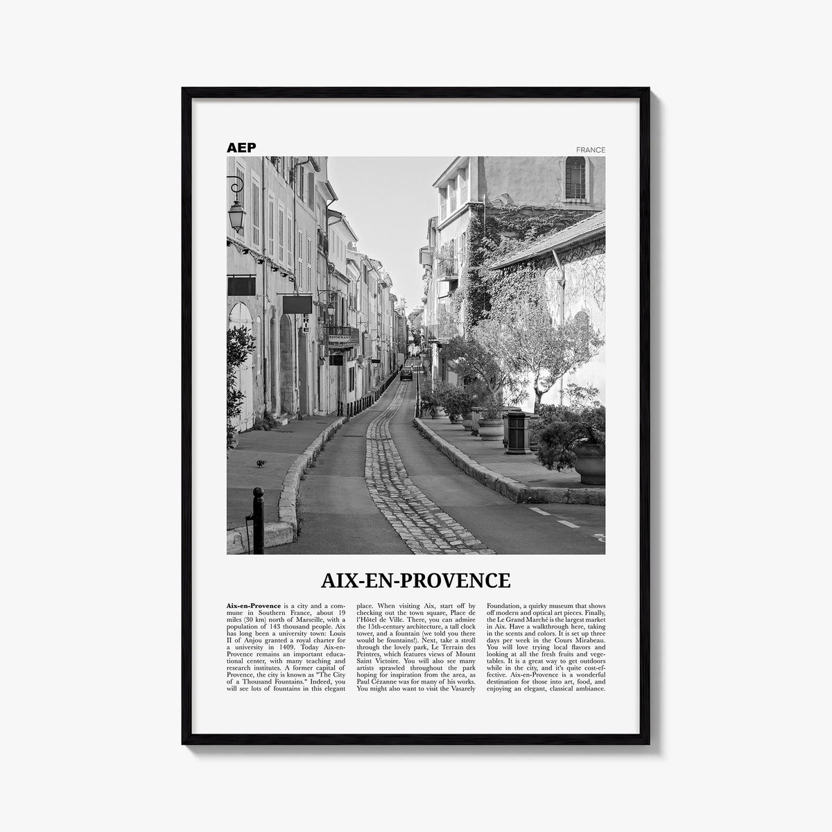 Aix-en-Provence no. 2 black & white newspaper poster of France – vertical wall art, unframed print shown in interior mockup