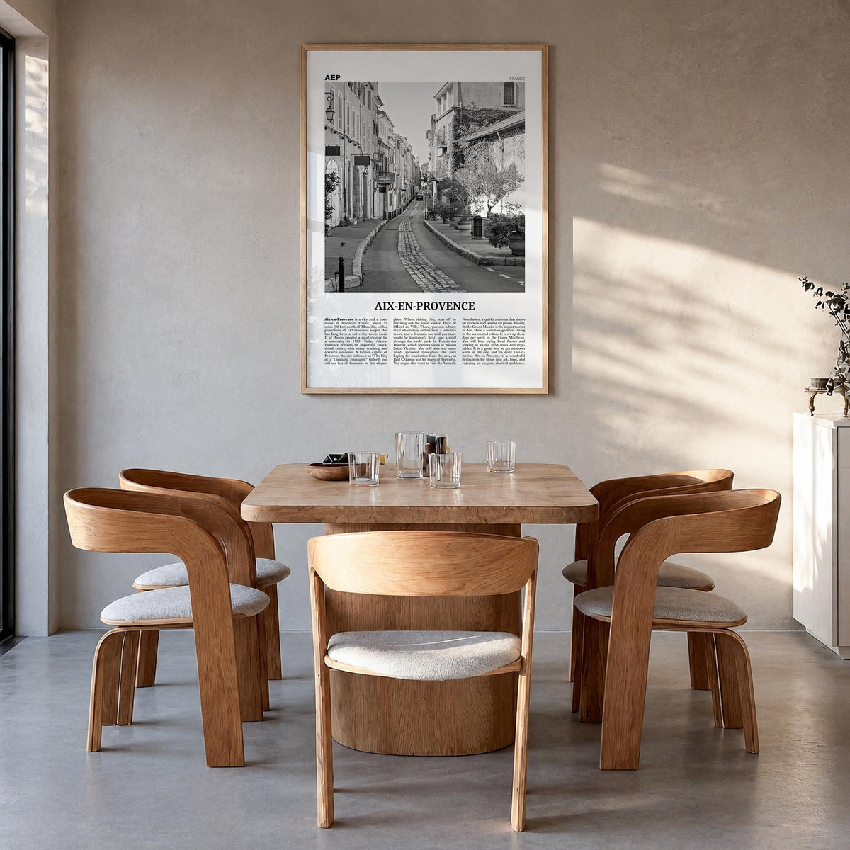 Aix-en-Provence no. 2 black & white newspaper poster of France – vertical wall art in natural wood frame, hanging on wall