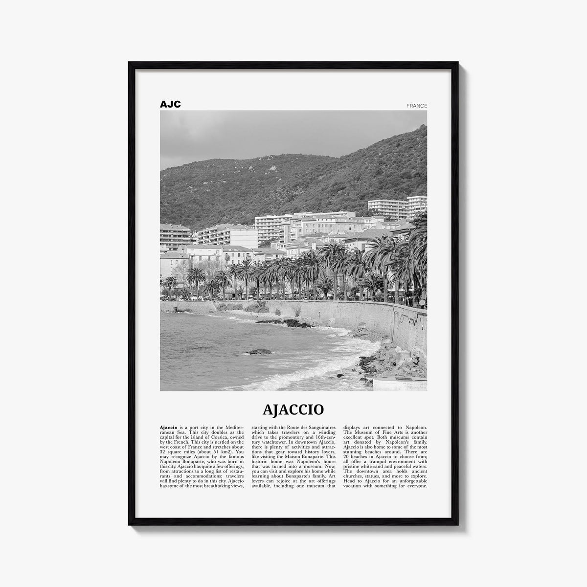 Ajaccio black & white newspaper poster of France – vertical wall art, unframed print shown in interior mockup