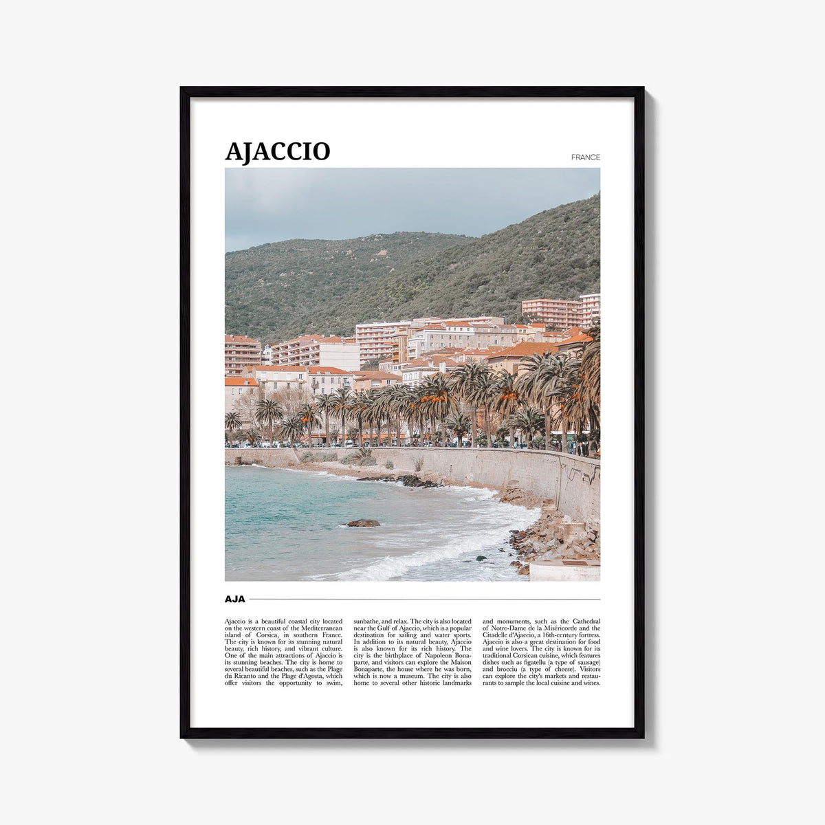 Ajaccio colorful travel poster of France – vertical wall art, unframed print shown in interior mockup