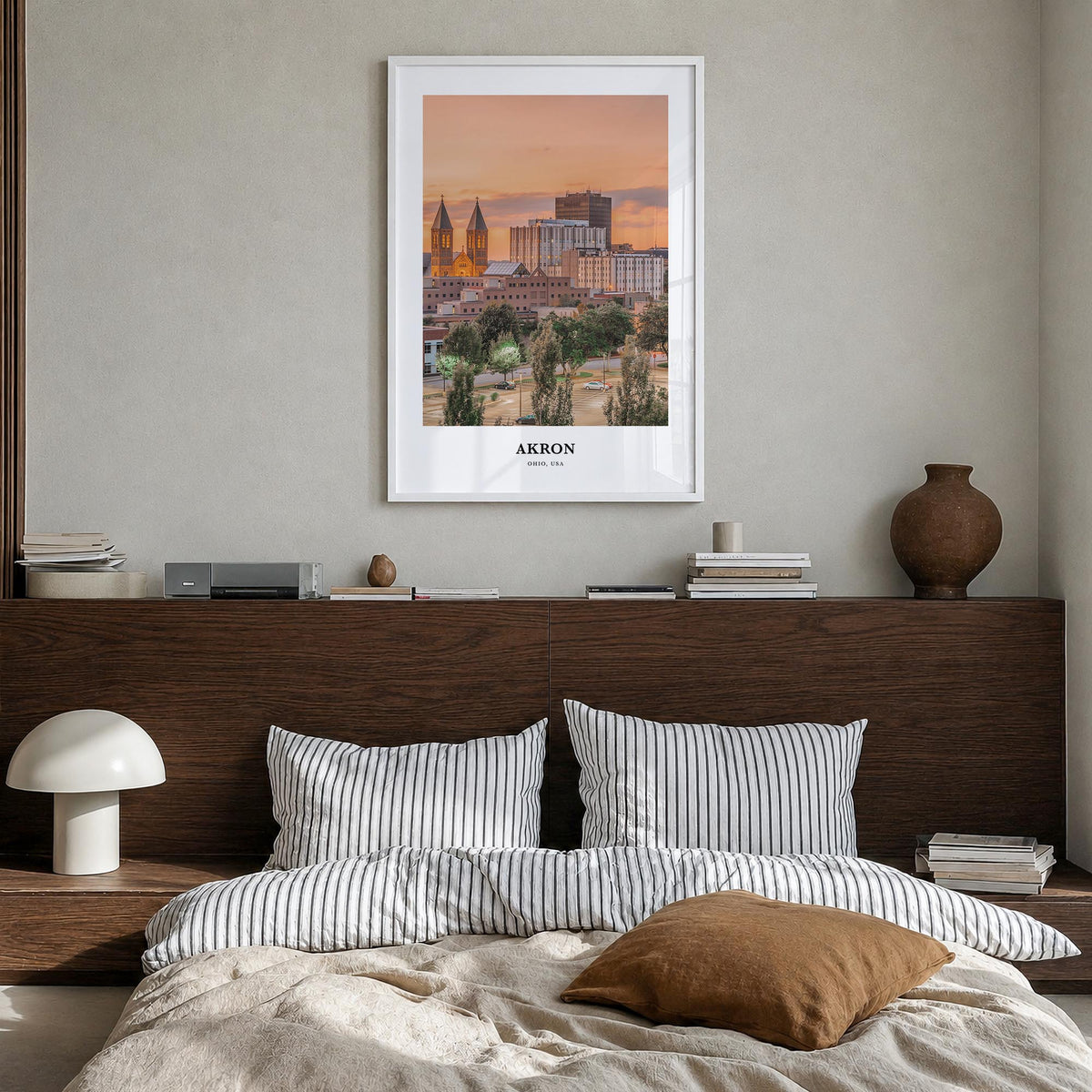 Akron colorful classic poster of Ohio, USA – vertical wall art in white wood frame, hanging on wall