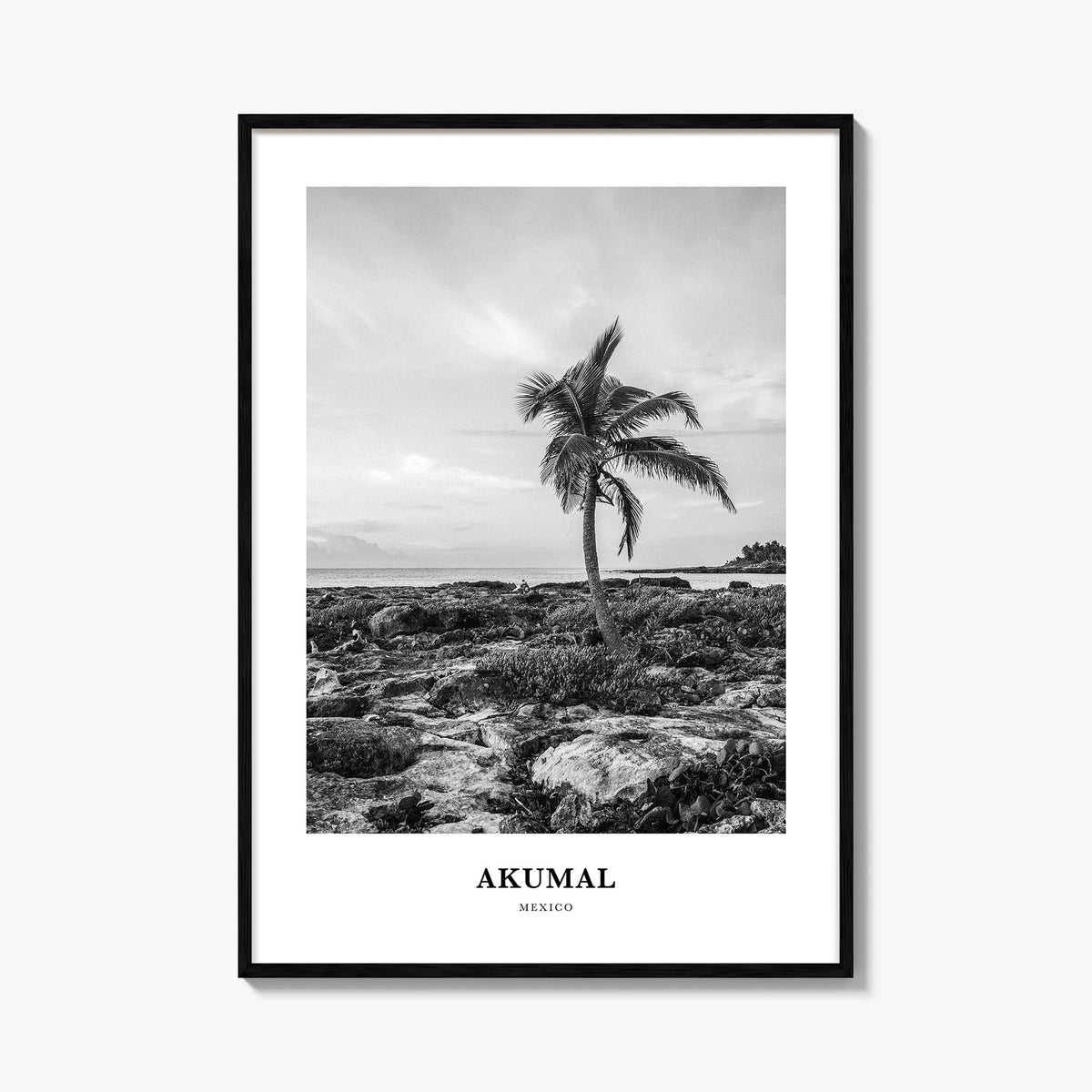 Akumal black & white classic poster of Mexico – vertical wall art, unframed print shown in interior mockup
