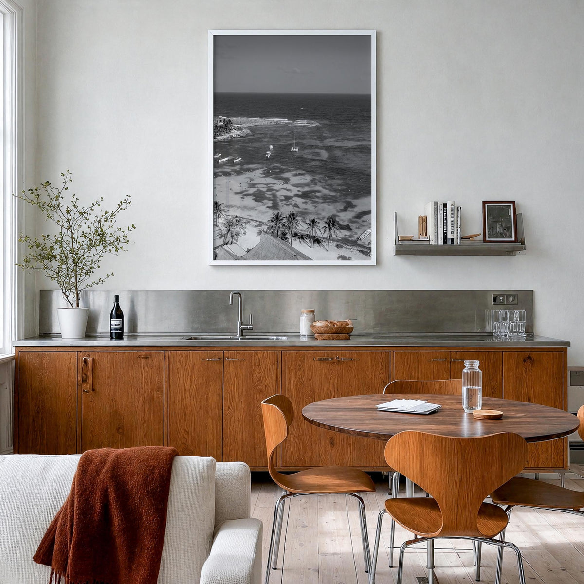 Akumal black & white photo poster of Mexico – vertical wall art in white wood frame, hanging on wall