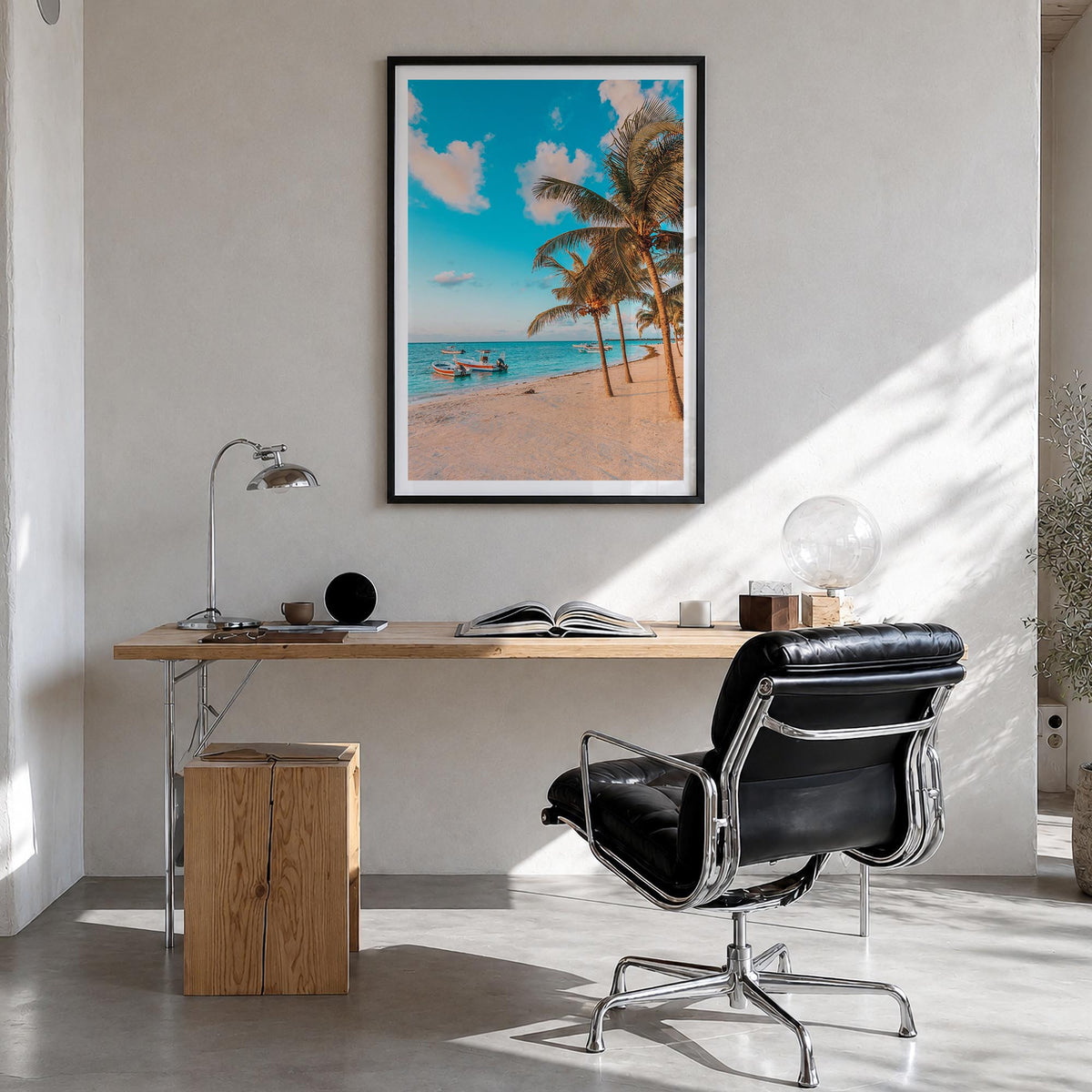 Akumal colorful photo poster of Mexico – vertical wall art in black wood frame with white border, hanging on wall