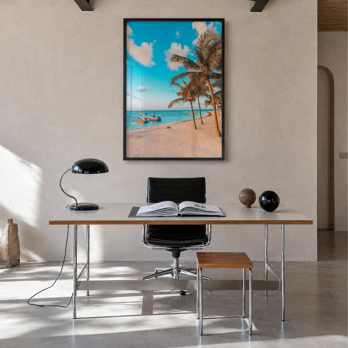 Akumal colorful photo poster of Mexico – vertical wall art in black wood frame, hanging on wall