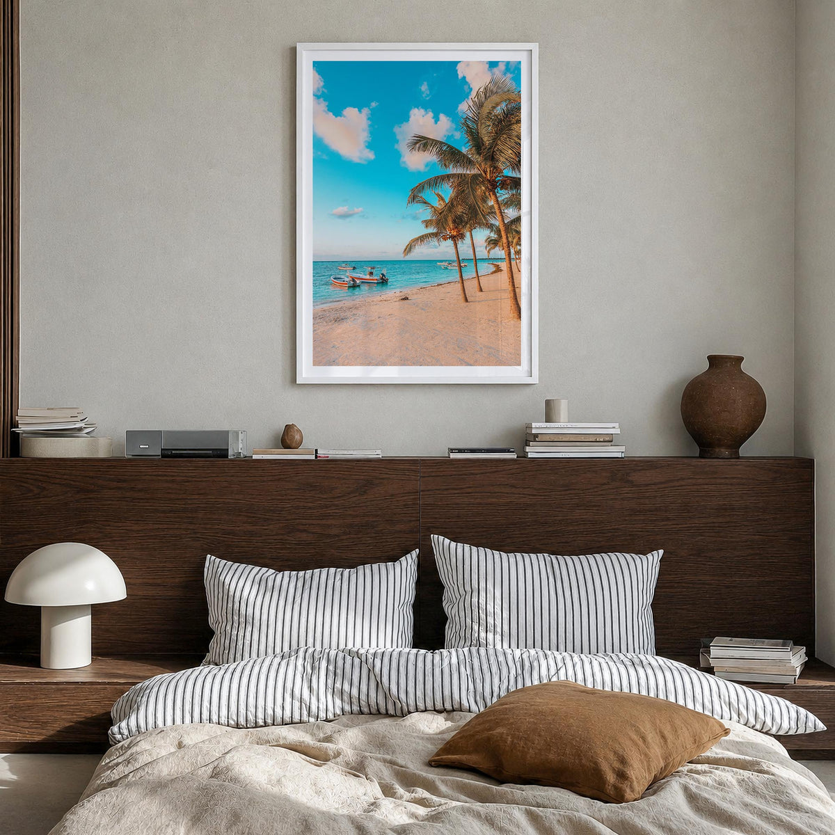 Akumal colorful photo poster of Mexico – vertical wall art in white wood frame with white border, hanging on wall