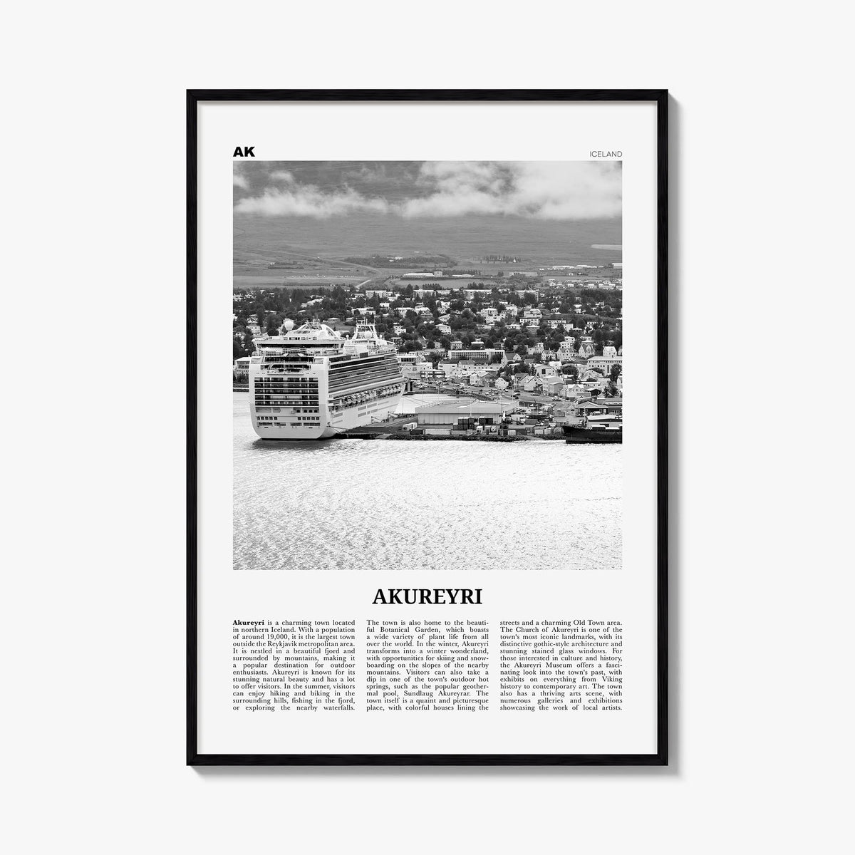 Akureyri black & white newspaper poster of Iceland – vertical wall art, unframed print shown in interior mockup