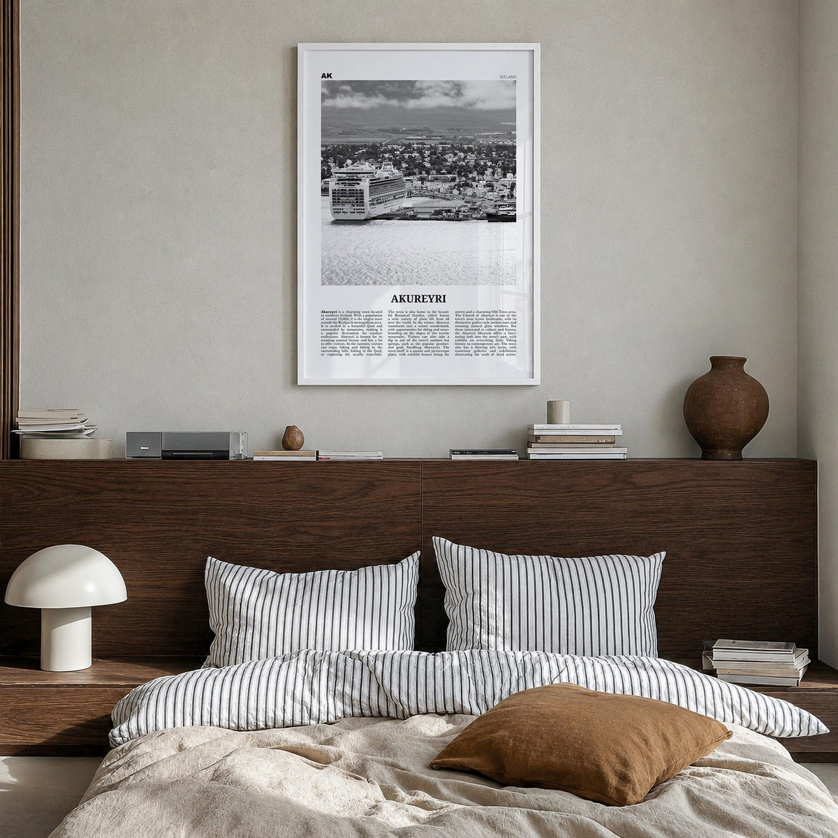 Akureyri black & white newspaper poster of Iceland – vertical wall art in white wood frame, hanging on wall