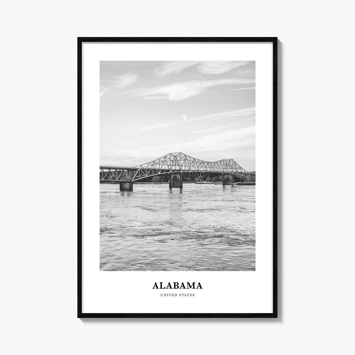 Alabama black & white classic poster of United States – vertical wall art, unframed print shown in interior mockup