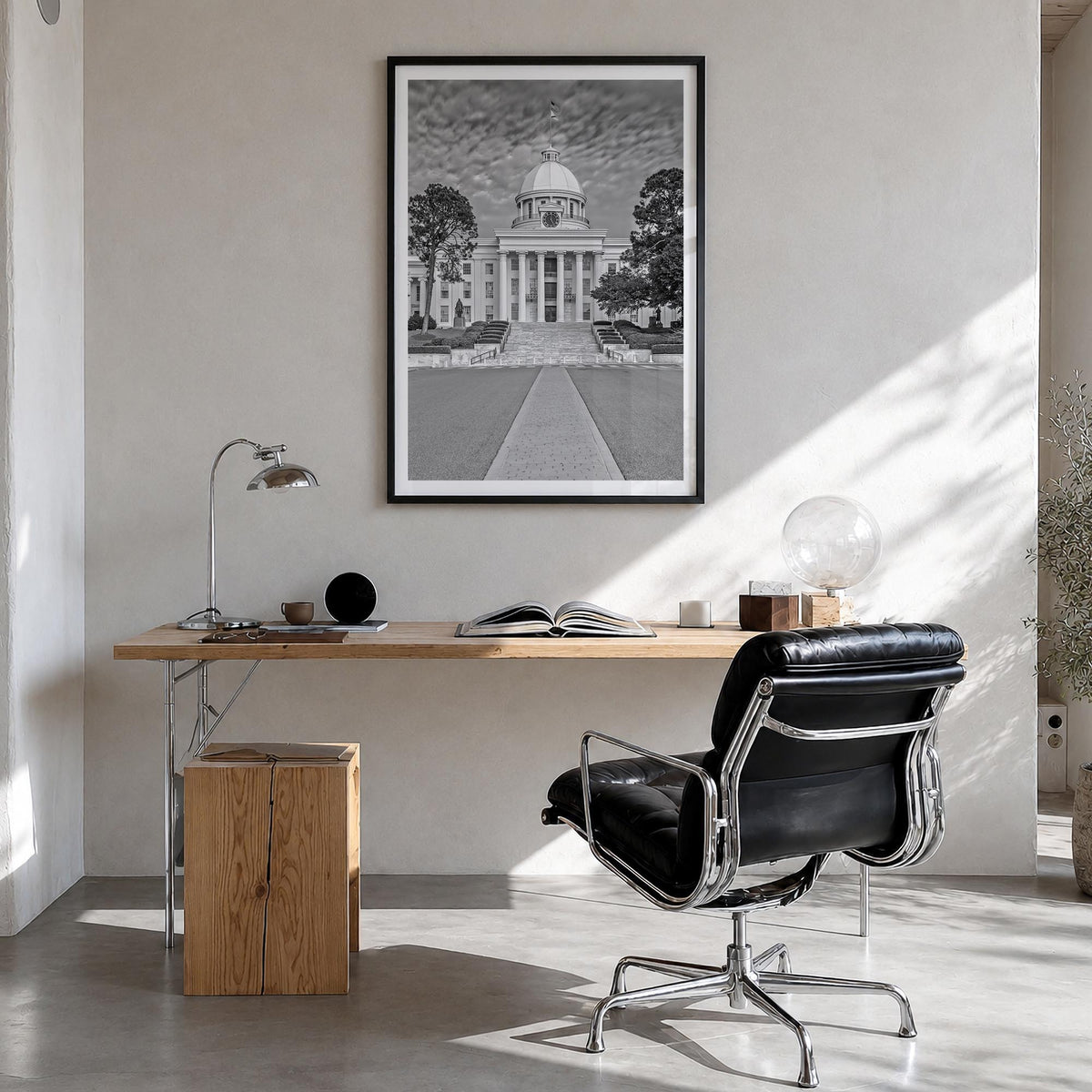Alabama black & white photo poster of United States – vertical wall art in black wood frame with white border, hanging on wal