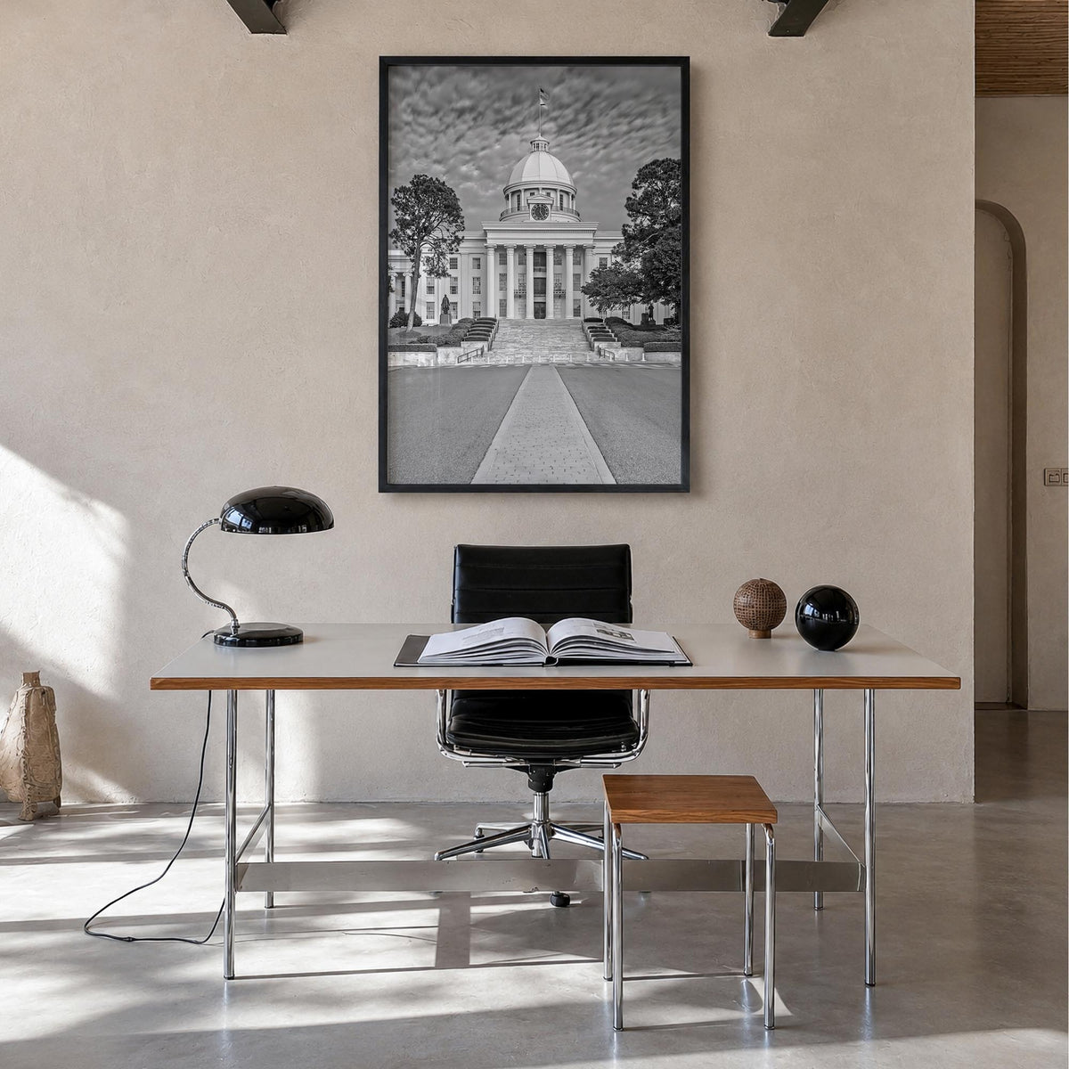 Alabama black & white photo poster of United States – vertical wall art in black wood frame, hanging on wall