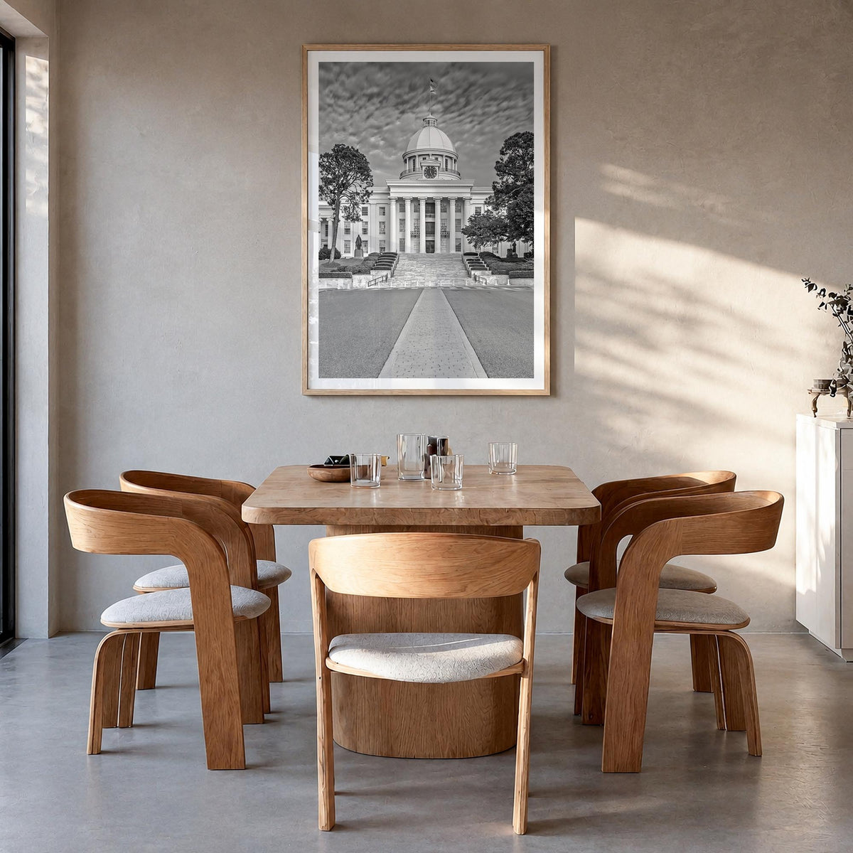Alabama black & white photo poster of United States – vertical wall art in natural wood frame with white border, hanging on w