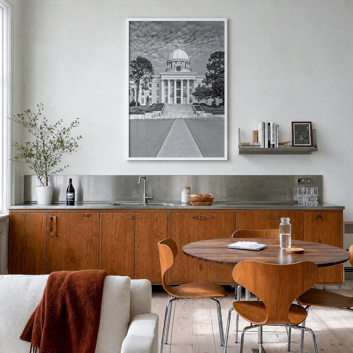 Alabama black & white photo poster of United States – vertical wall art in white wood frame, hanging on wall