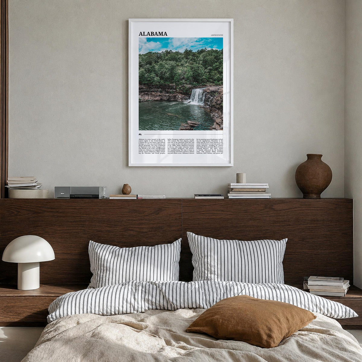 Alabama colorful travel poster of United States – vertical wall art in white wood frame, hanging on wall