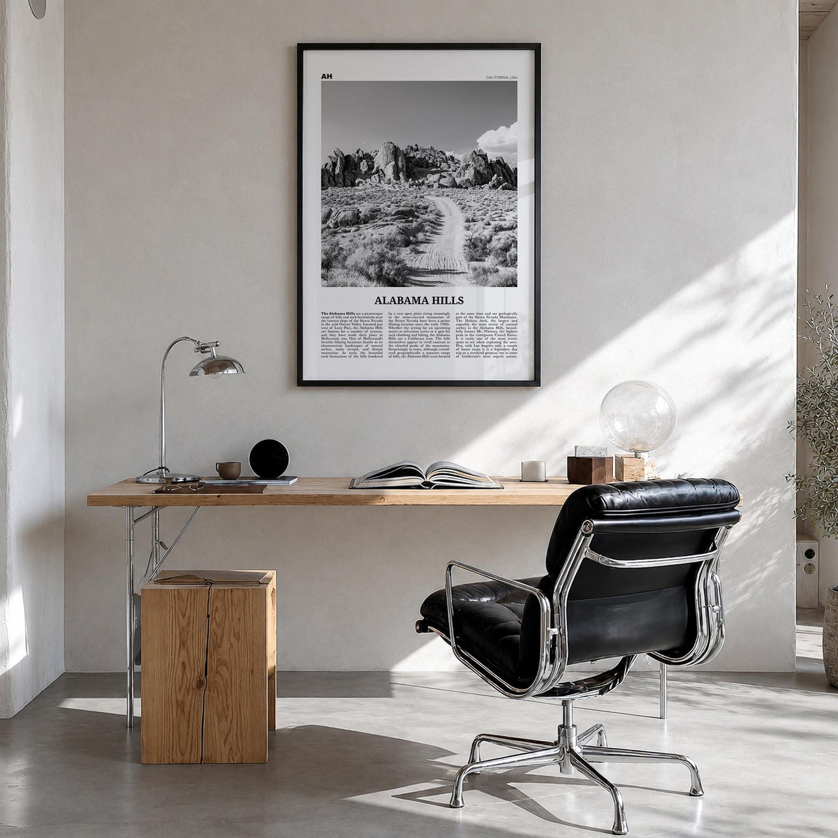 Alabama Hills black & white newspaper poster of California, USA – vertical wall art in black wood frame, hanging on wall