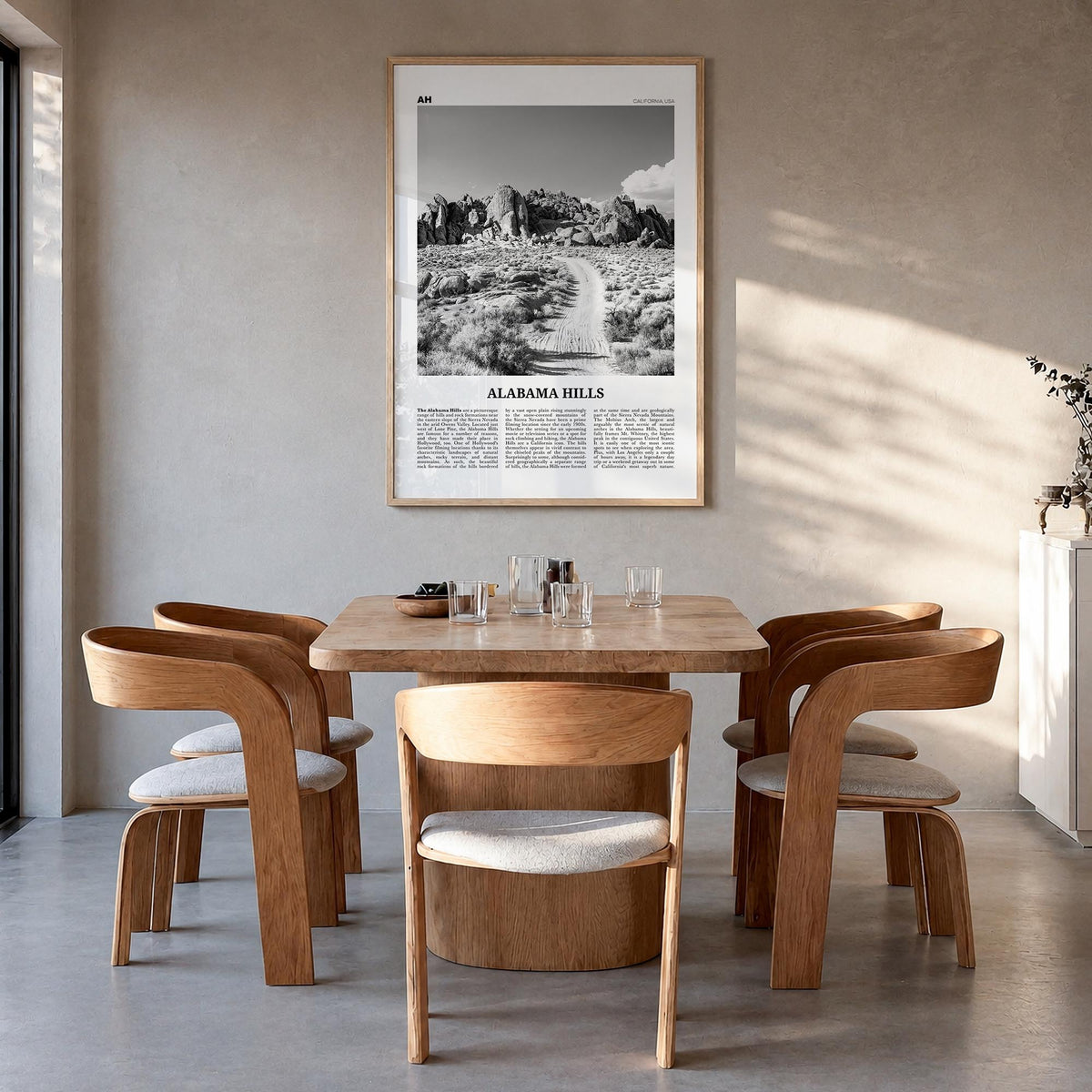 Alabama Hills black & white newspaper poster of California, USA – vertical wall art in natural wood frame, hanging on wall