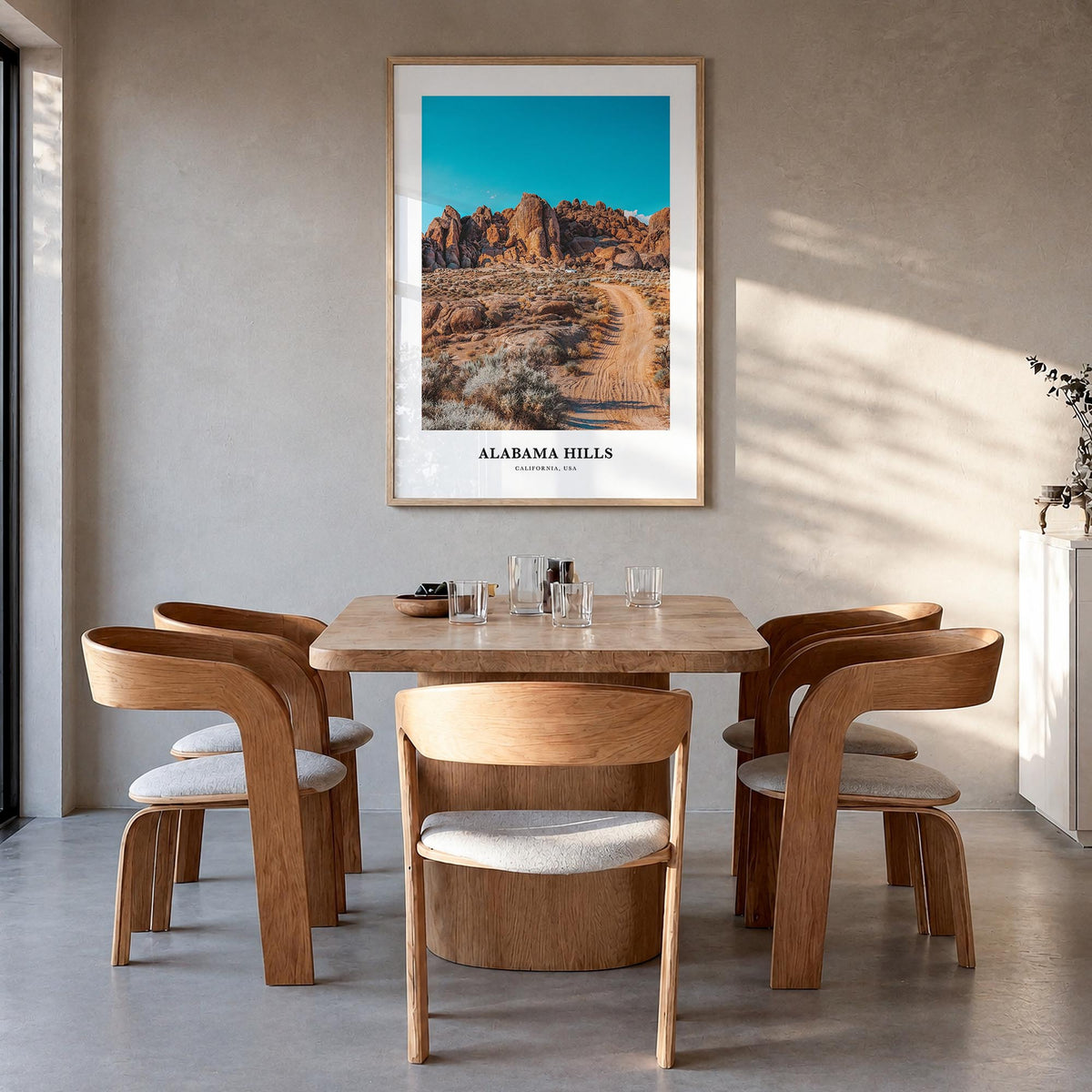 Alabama Hills colorful classic poster of California, USA – vertical wall art in natural wood frame, hanging on wall