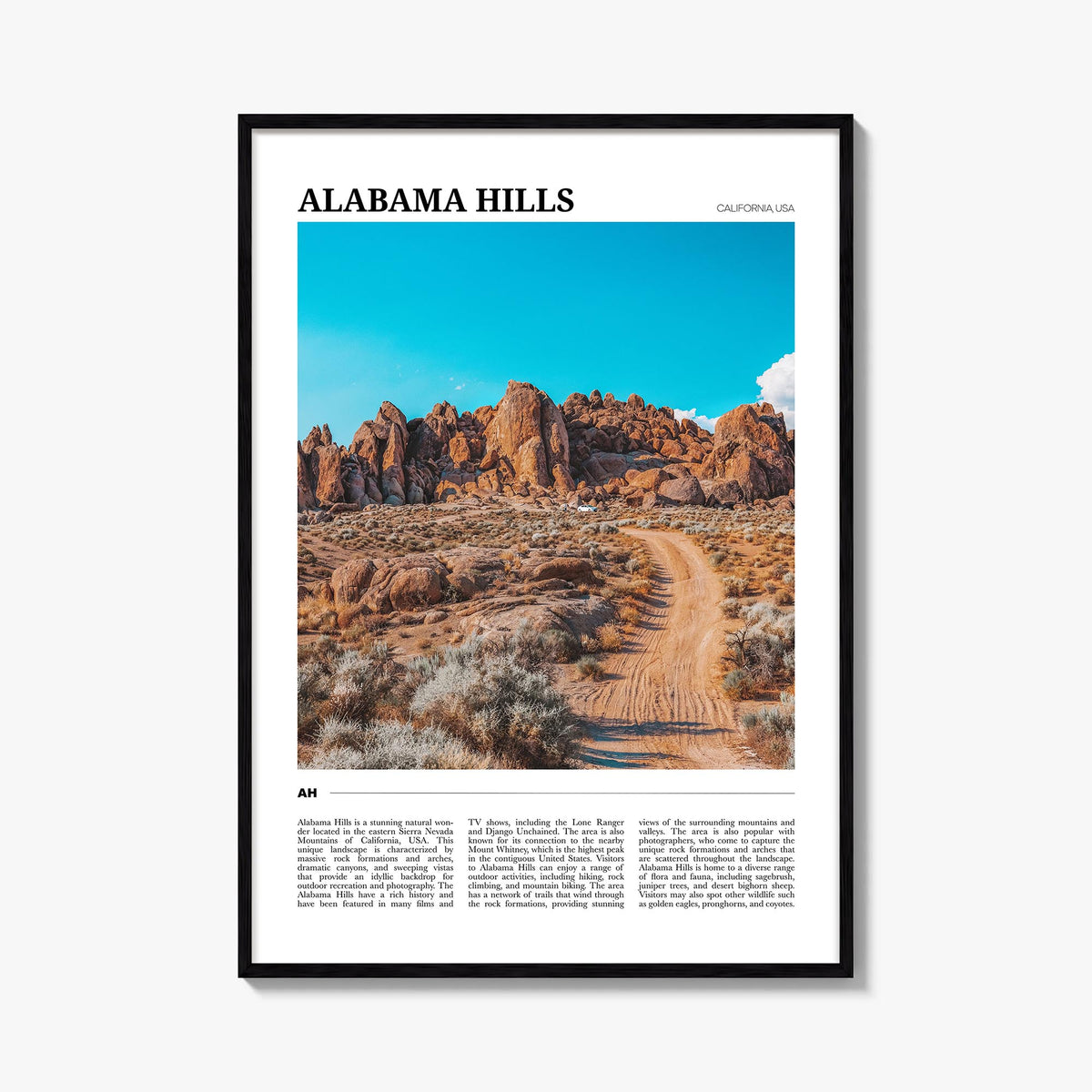 Alabama Hills colorful travel poster of California, USA – vertical wall art, unframed print shown in interior mockup