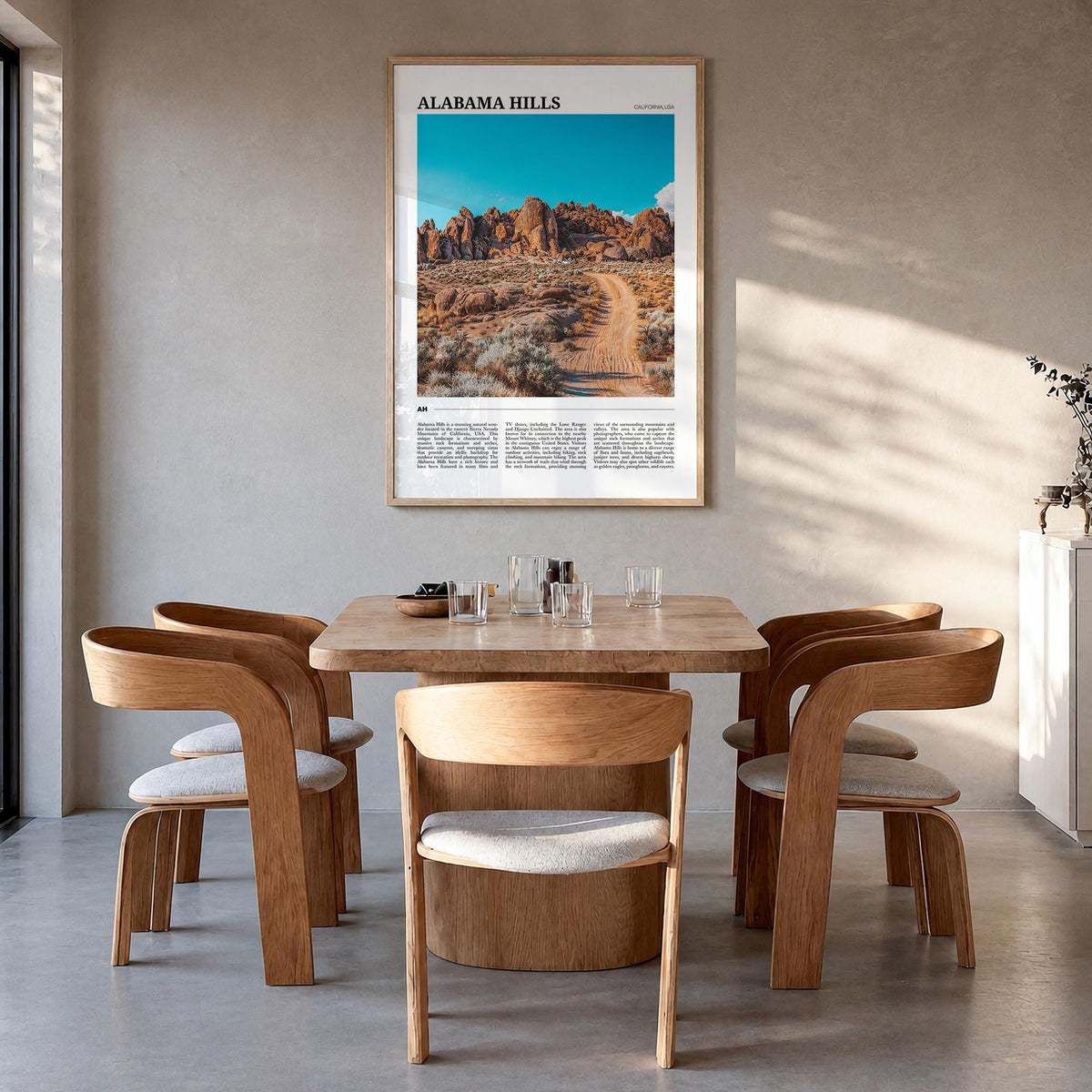 Alabama Hills colorful travel poster of California, USA – vertical wall art in natural wood frame, hanging on wall