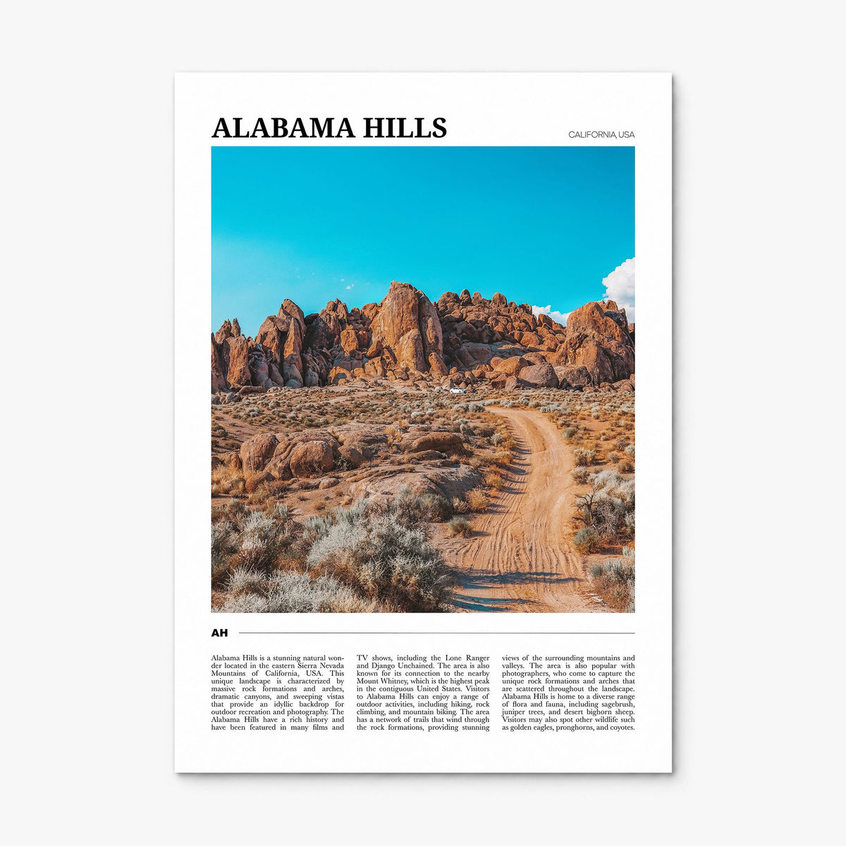 Alabama Hills, California Travel Poster, print only (unframed)