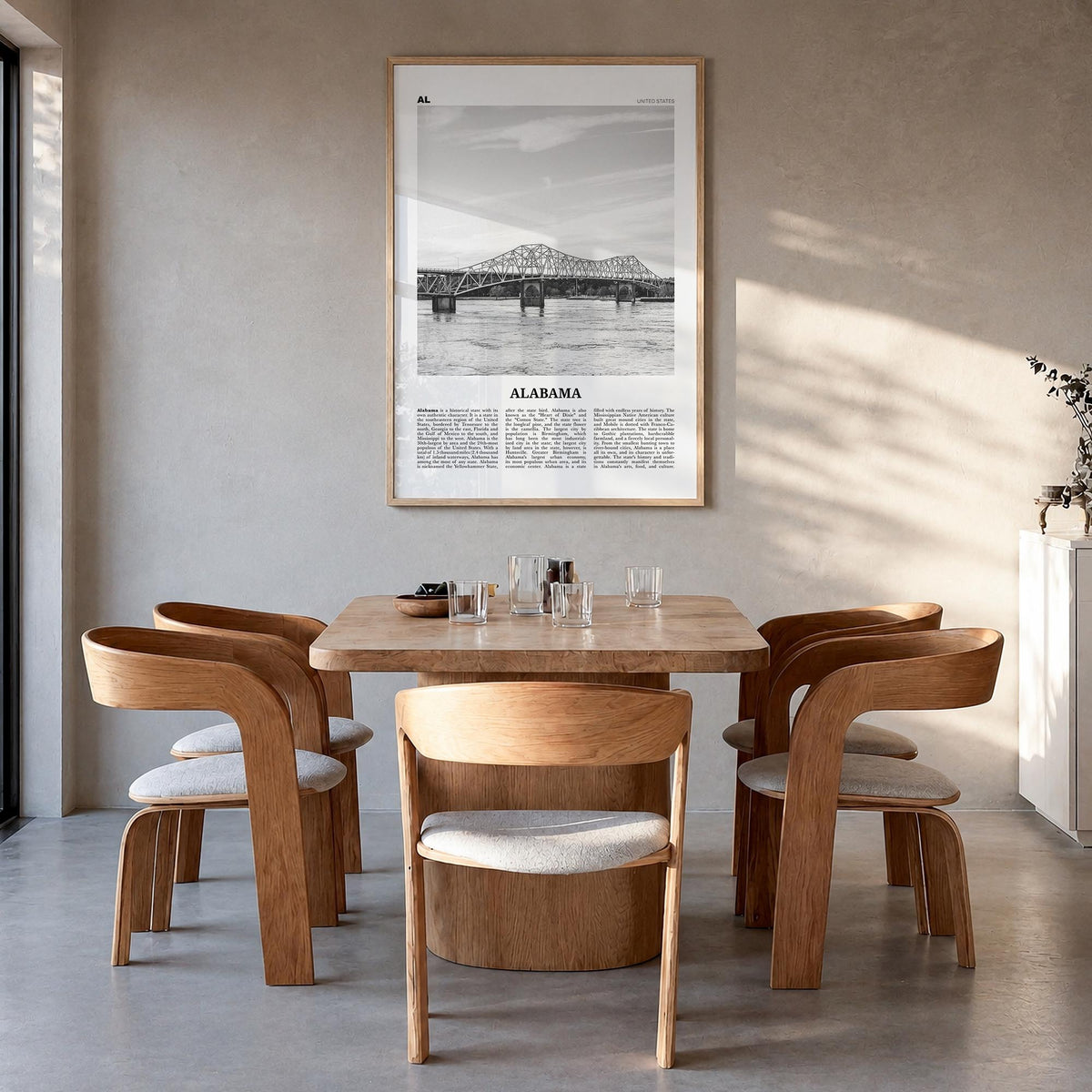 Alabama no. 2 black & white newspaper poster of United States – vertical wall art in natural wood frame, hanging on wall