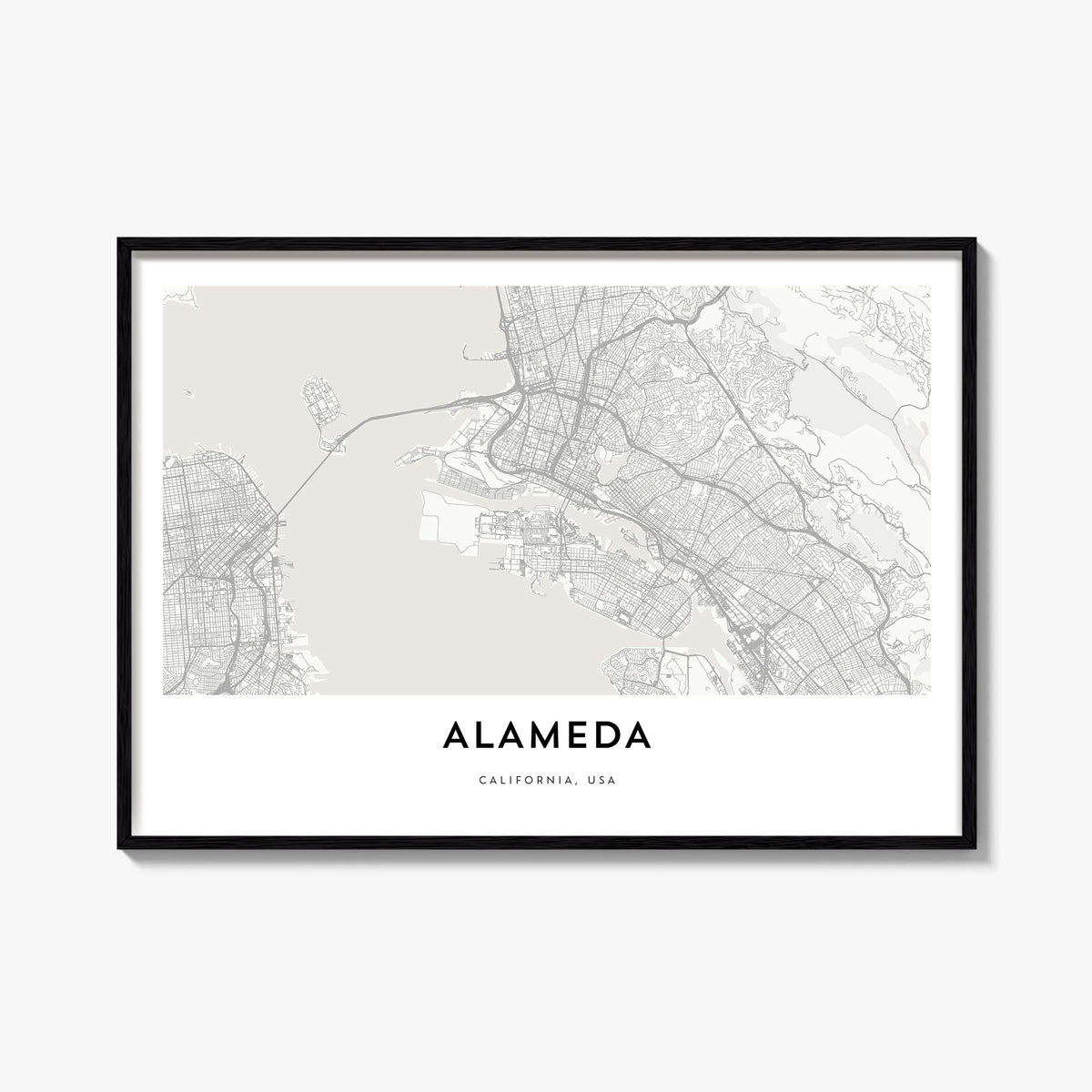 Alameda black & white map poster of California, USA – horizontal wall art, unframed print shown in interior mockup