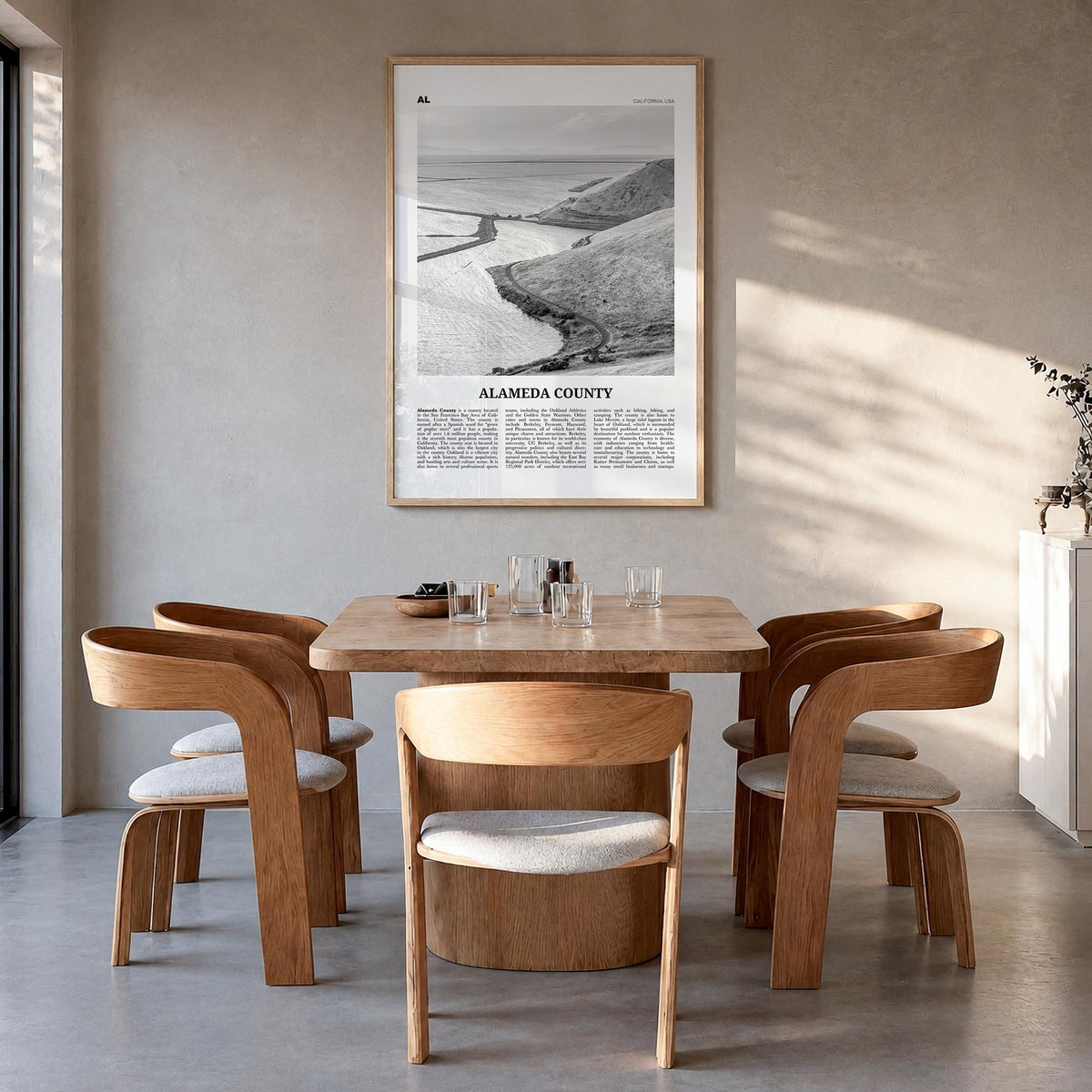 Alameda County black & white newspaper poster of California, USA – vertical wall art in natural wood frame, hanging on wall