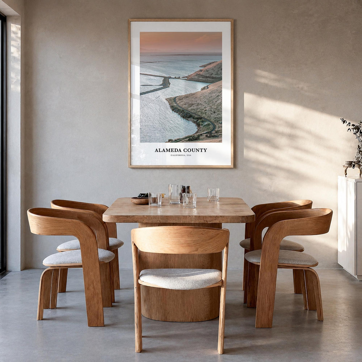 Alameda County colorful classic poster of California, USA – vertical wall art in natural wood frame, hanging on wall