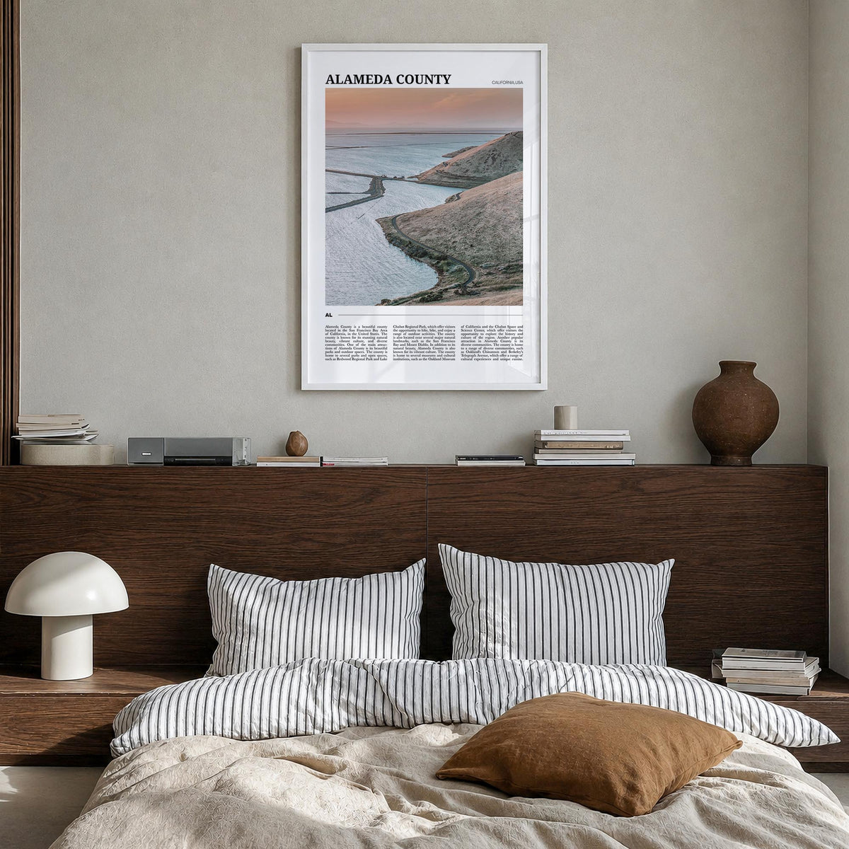 Alameda County colorful travel poster of California, USA – vertical wall art in white wood frame, hanging on wall