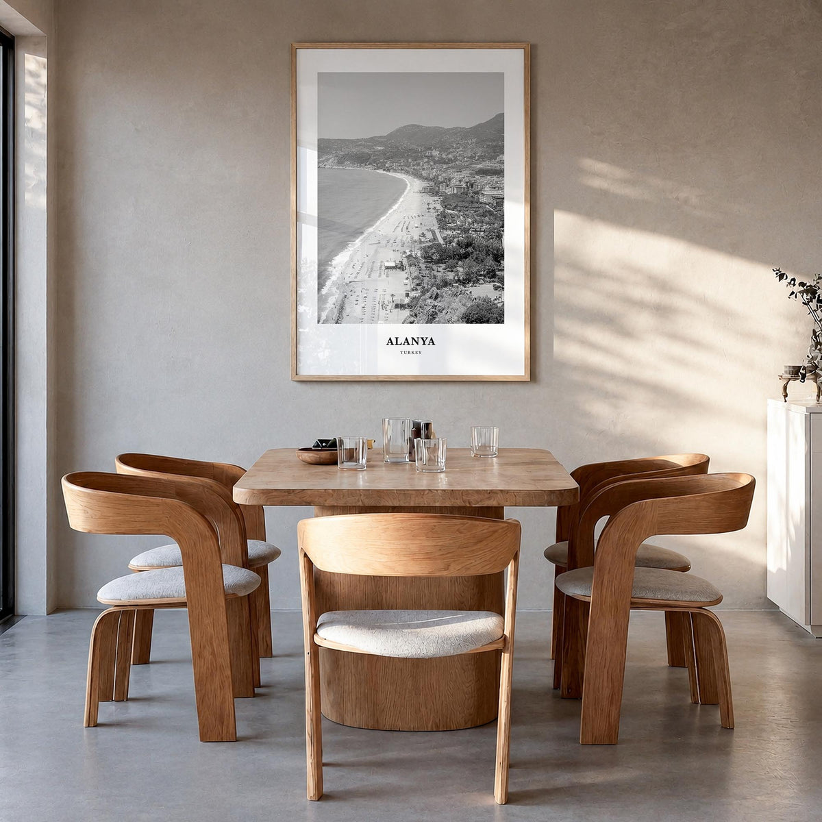 Alanya black & white classic poster of Türkiye – vertical wall art in natural wood frame, hanging on wall