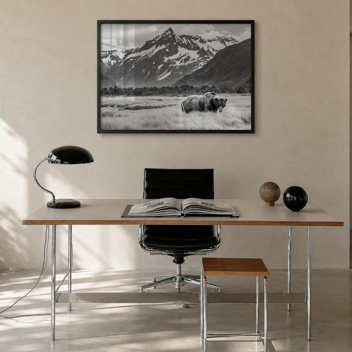 Alaska black & white photo poster of United States – horizontal wall art in black wood frame, hanging on wall