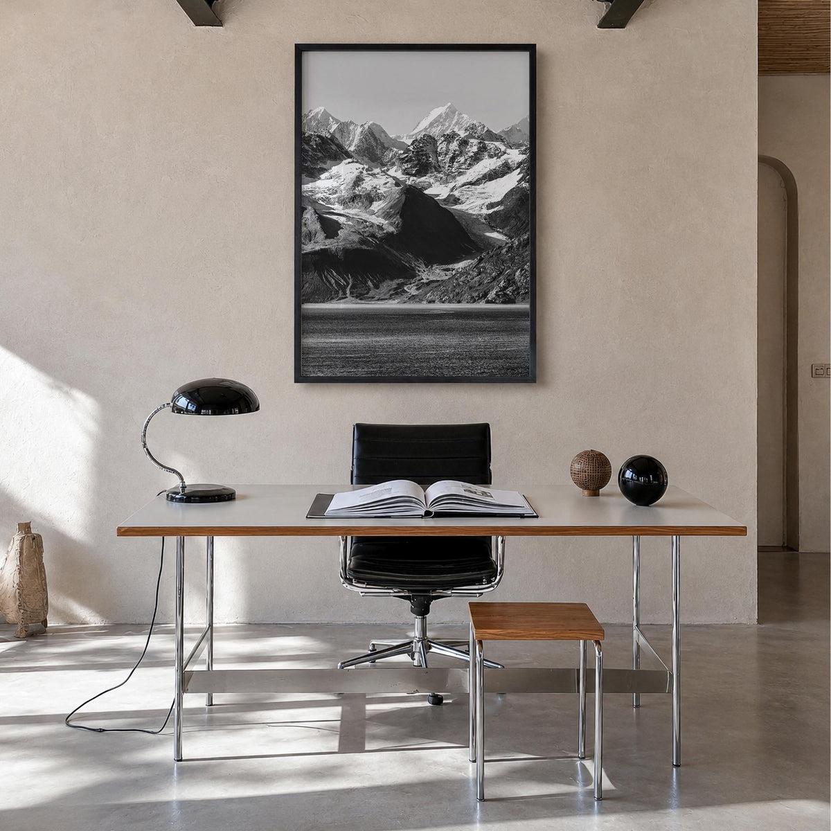 Alaska black & white photo poster of United States – vertical wall art in black wood frame, hanging on wall