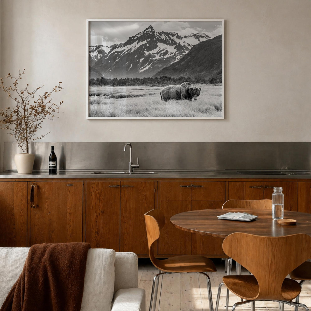 Alaska black & white photo poster of United States – horizontal wall art in white wood frame, hanging on wall