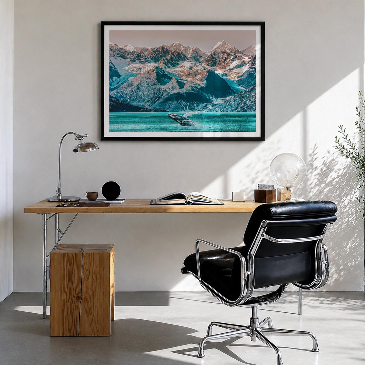 Alaska colorful photo poster of United States – horizontal wall art in black wood frame with white border, hanging on wall