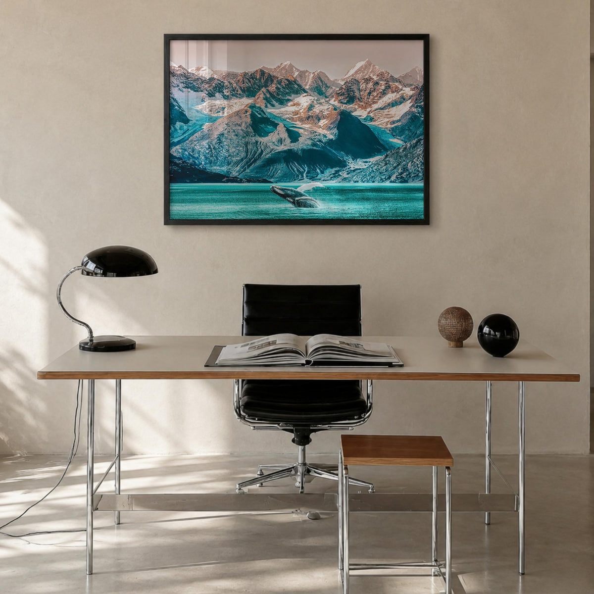 Alaska colorful photo poster of United States – horizontal wall art in black wood frame, hanging on wall