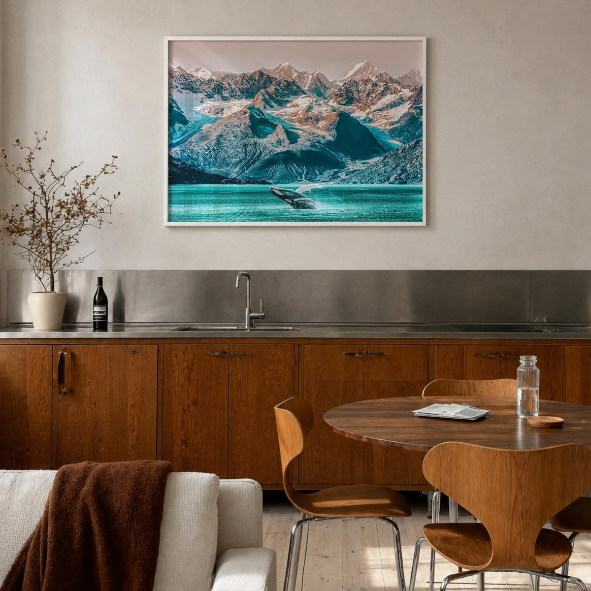 Alaska colorful photo poster of United States – horizontal wall art in white wood frame, hanging on wall