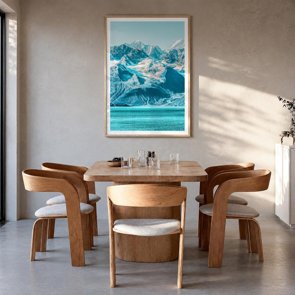 Alaska no. 2 colorful photo poster of United States – vertical wall art in natural wood frame with white border, hanging on w