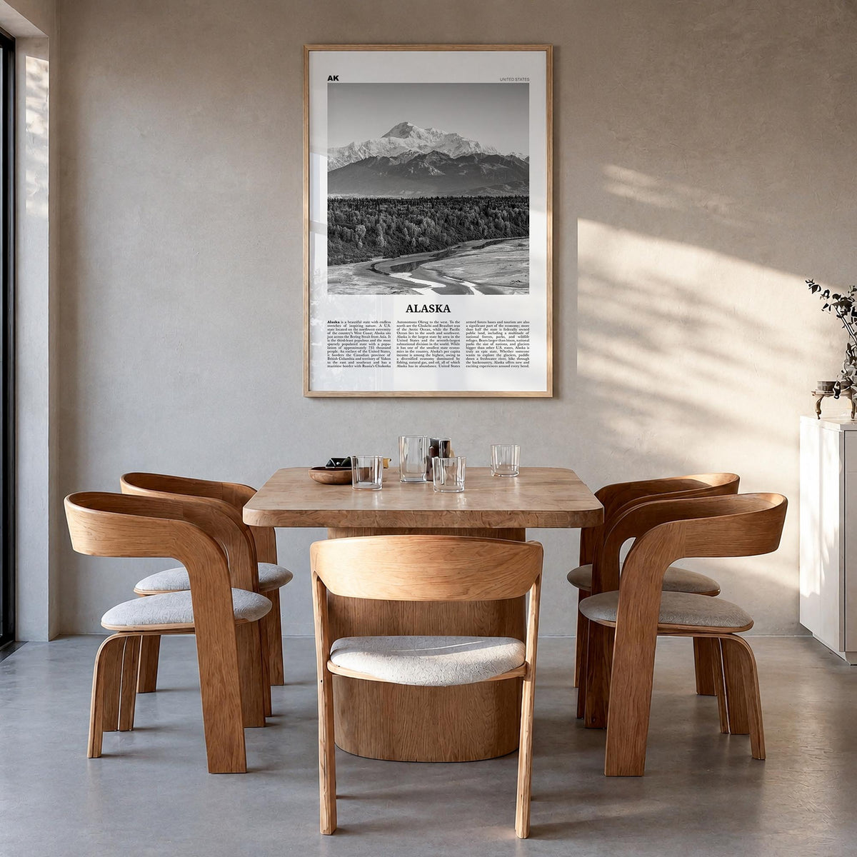 Alaska no. 3 black & white newspaper poster of United States – vertical wall art in natural wood frame, hanging on wall