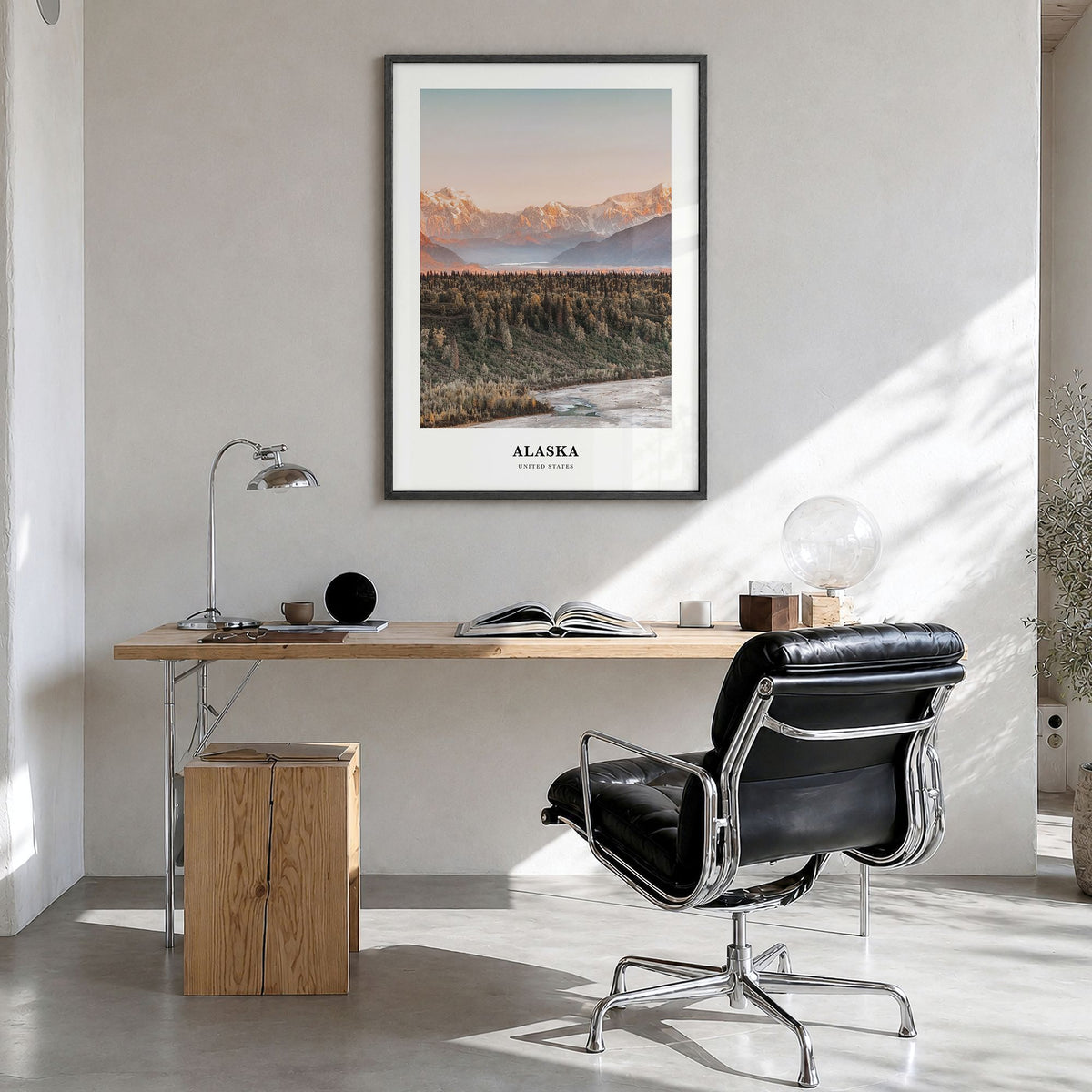 Alaska Classic No 2 Poster in a black wood frame, hanging in a bright home office