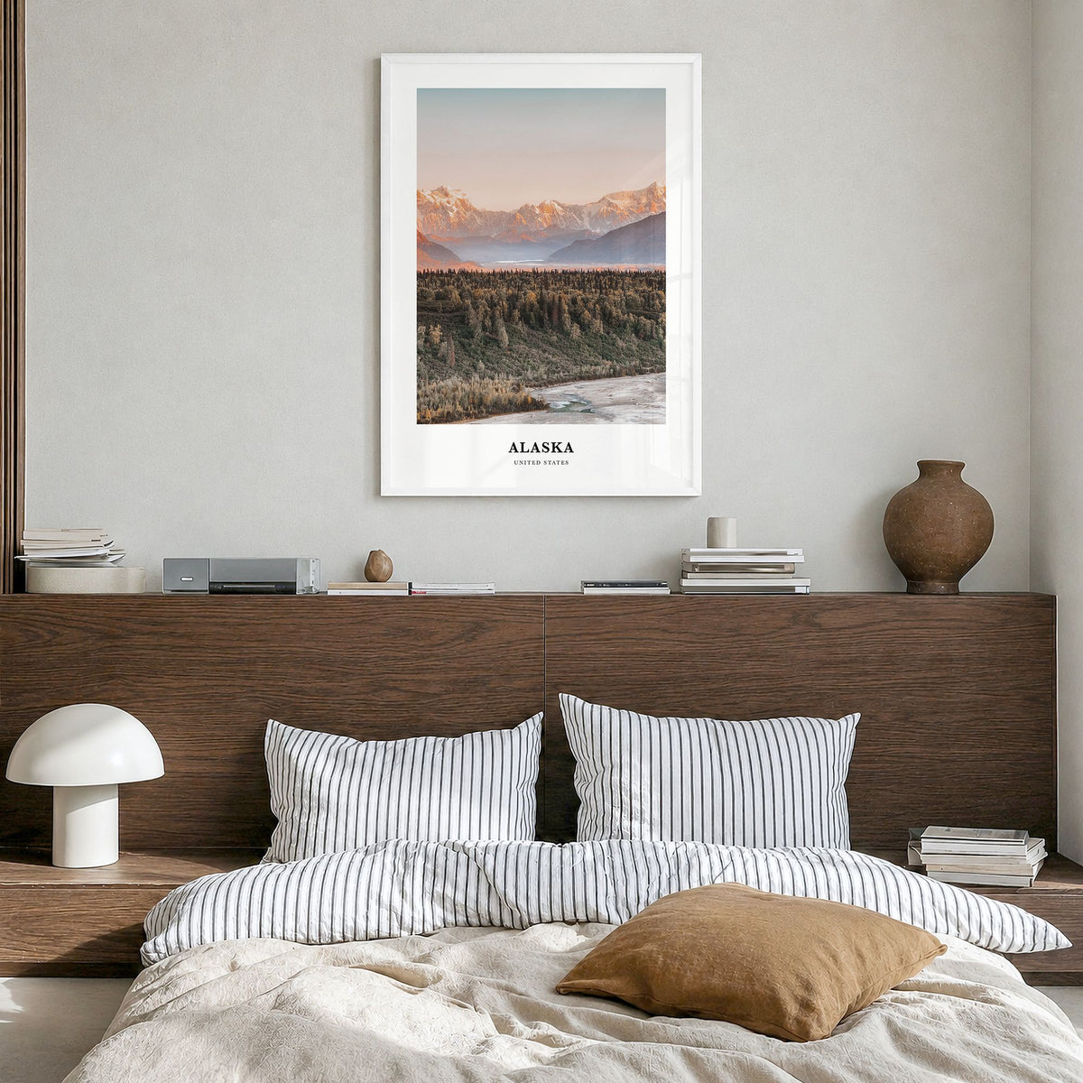 Alaska Classic No 2 Poster in a white wood frame, hanging in a bedroom
