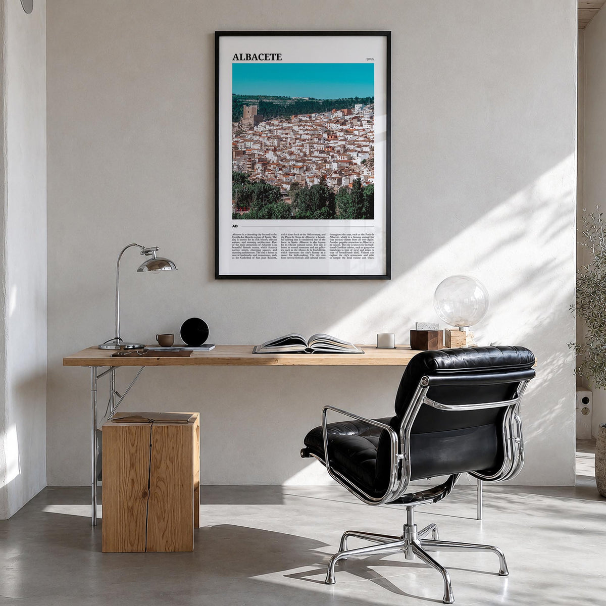 Albacete colorful travel poster of Spain – vertical wall art in black wood frame, hanging on wall