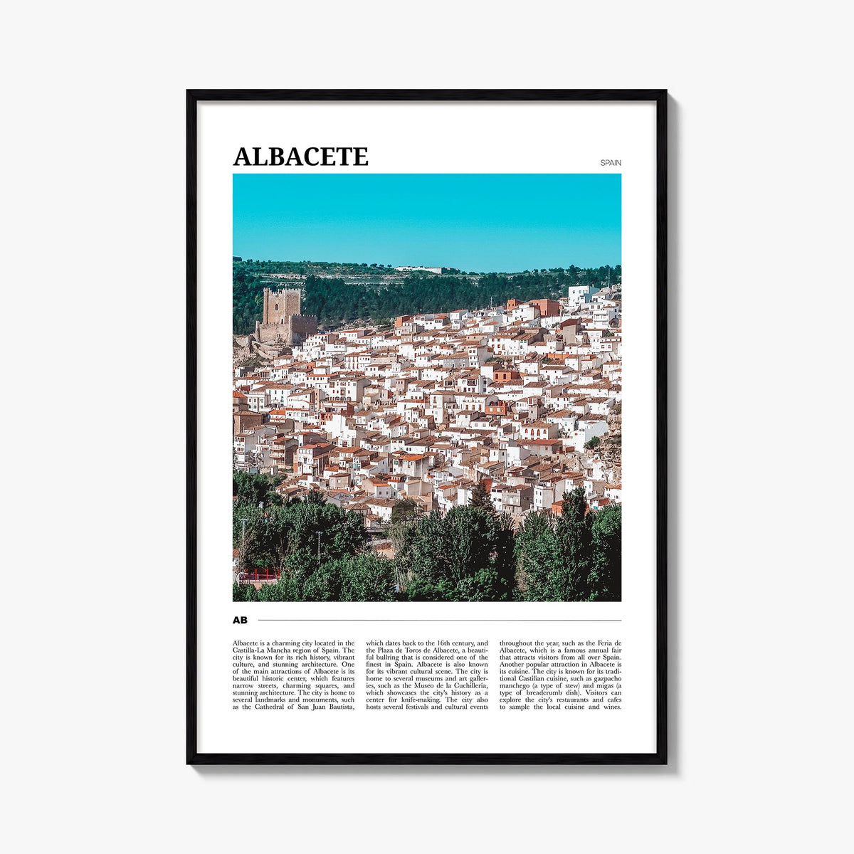 Albacete colorful travel poster of Spain – vertical wall art, unframed print shown in interior mockup