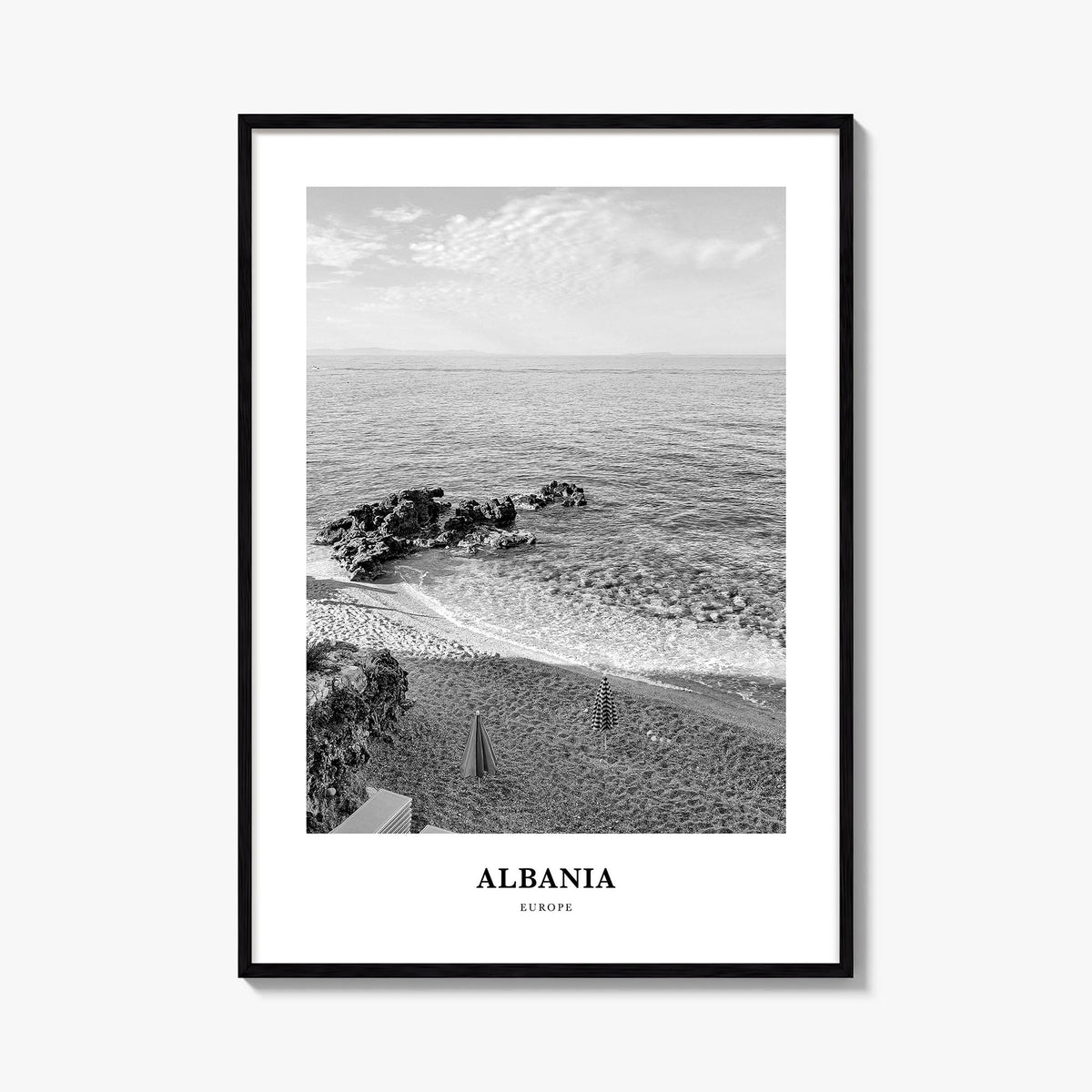Albania no. 1 black & white classic poster of Europe – vertical wall art, unframed print shown in interior mockup