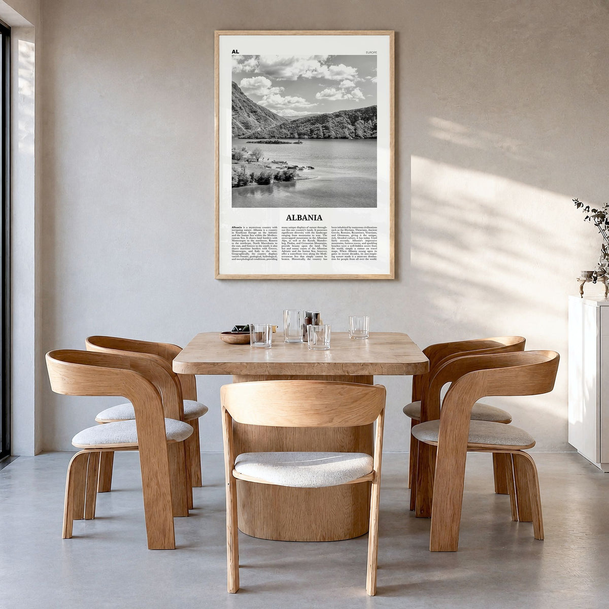 Albania Newspaper No 1 Poster in a natural wood frame, hanging in a dining room