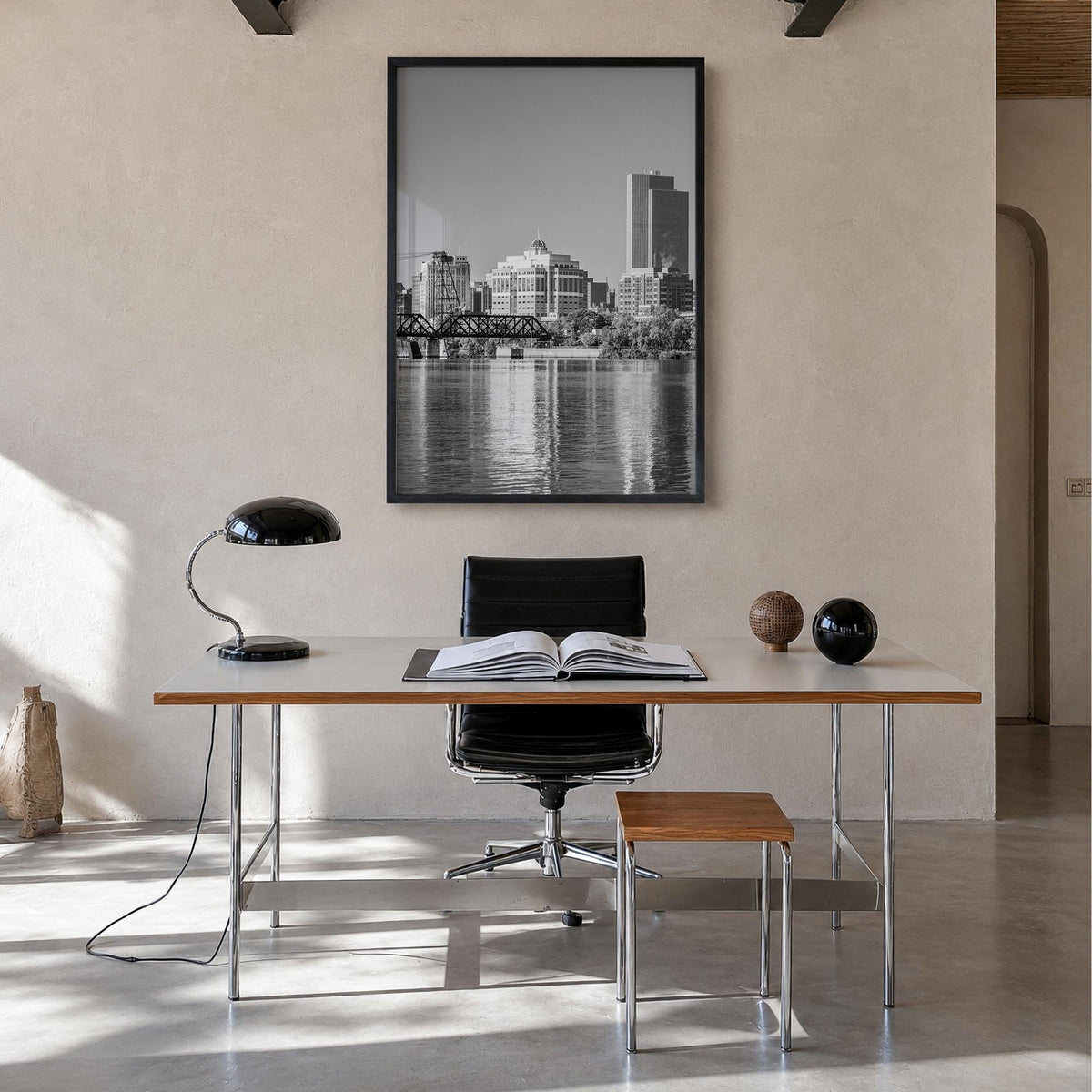 Albany, New York black & white photo poster of New York, USA – vertical wall art in black wood frame, hanging on wall